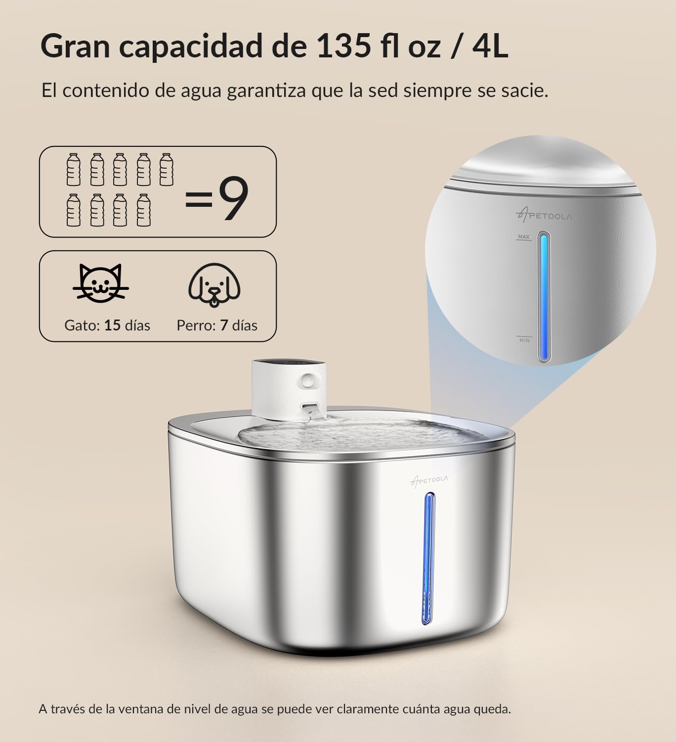 Fuente para mininos Acero Inoxidable, Bebedero mininos, 4L Fuente Agua mininos con Sensor Automático, Bebedero mininos Ultra Silenciosa con Batería de 4000 mAh, FS10pro