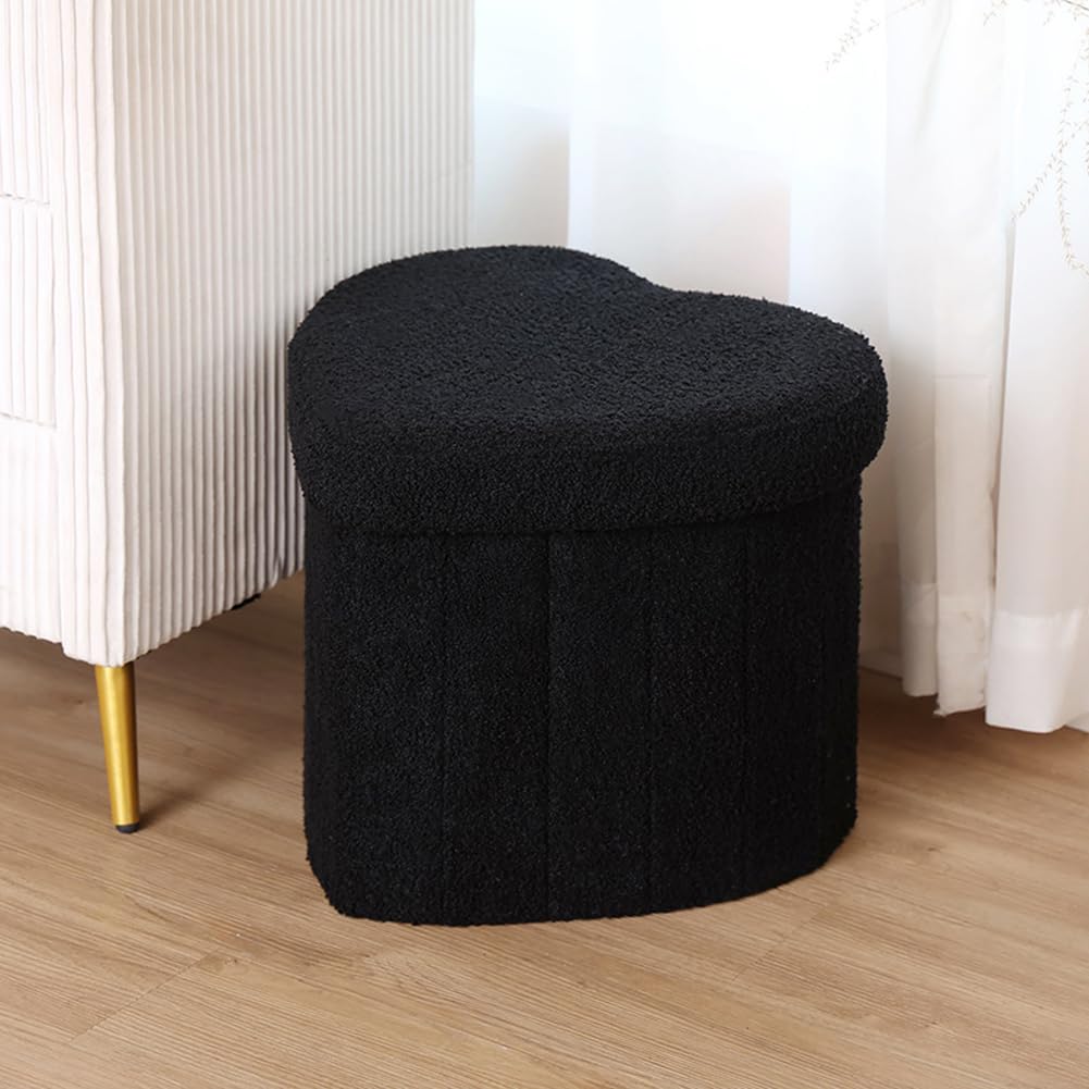 Upholstered Ottoman with Storage,Heart Shaped Foot Stool Collapsible Footrest for Living Room Bedroom,Fluffy Plush Padded Seat Soft Ottoman Box with Lid (Black)