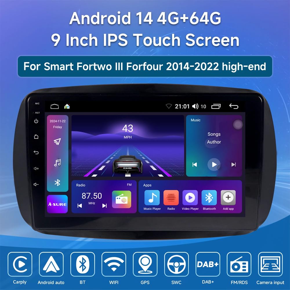 4+64G Android 13 Autoradio per Mercedes Smart Forfour Fortwo 453 2014-2022, 9 pollici Wireless Touch Screen Radio Fortwo 453 Bluetooth Carplay Android Auto 2 Din Radio con telecamera posteriore