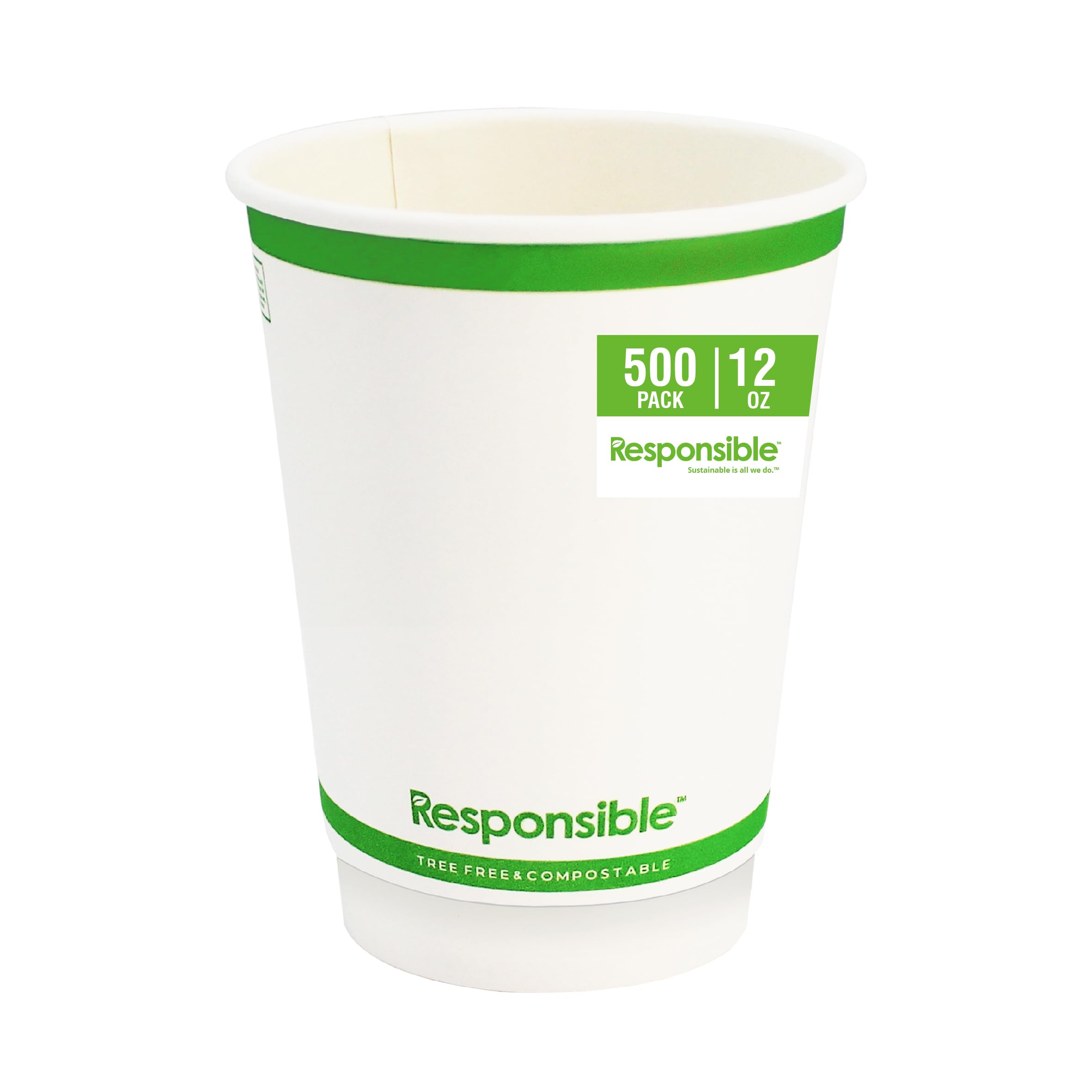Responsible Products 12 oz Double Wall Insulated Paper Coffee Cups (500 Count) – Smooth Wall Insulated To Go Coffee Cups - Natural White, Compostable,