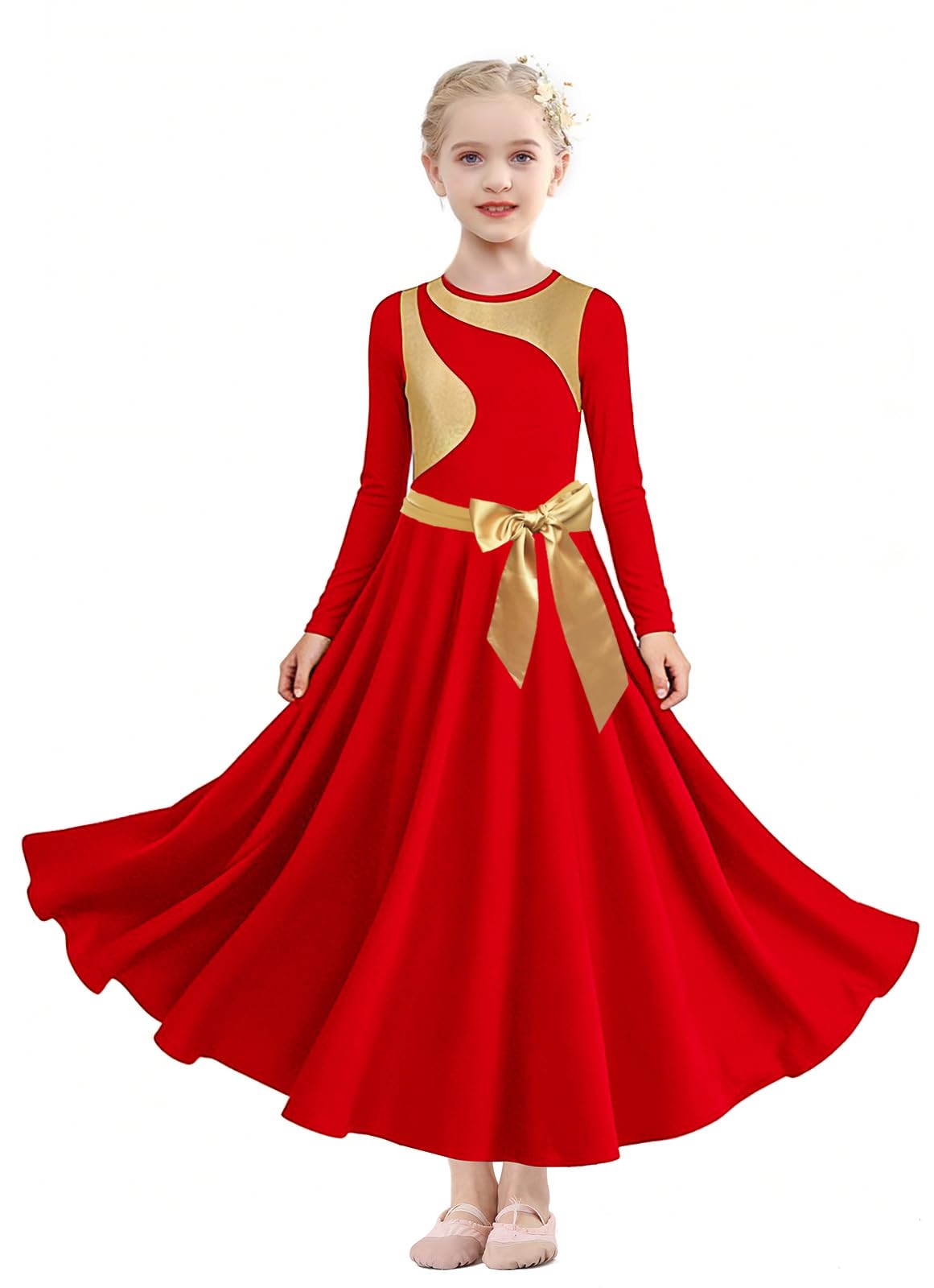 ELLYDOOR Girl's Worship Praise Dance Dress Gold Metallic Long Swing Liturgical Church Robe Lyrical Dancewear, with Belt