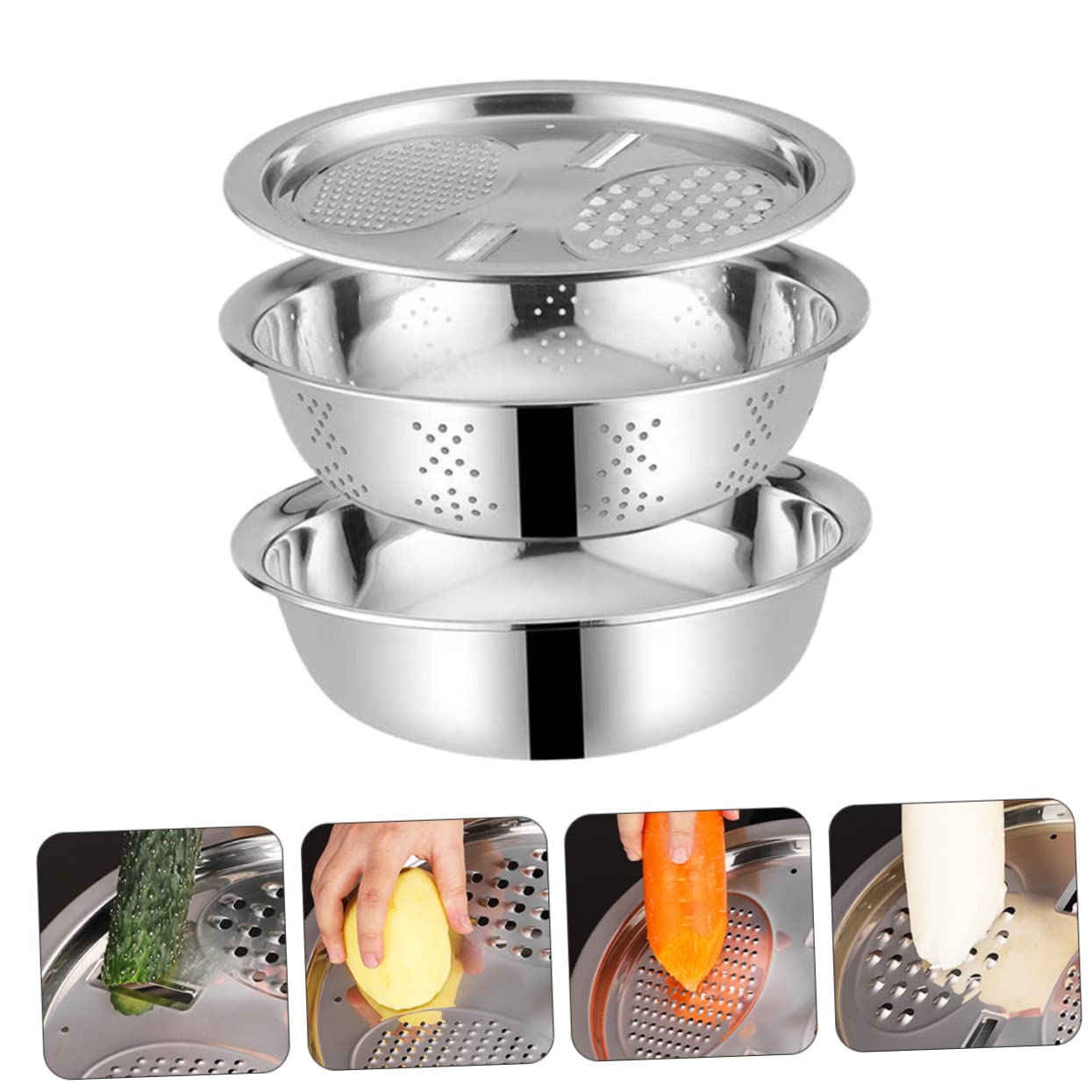 Colador Varios estilos Diseño de Drenaje Acero Inoxidable 3 Piezas de Apto para Lavar Frutas y Amasar Masa, Utensilio Multifuncional para Cocina para Uso Diario