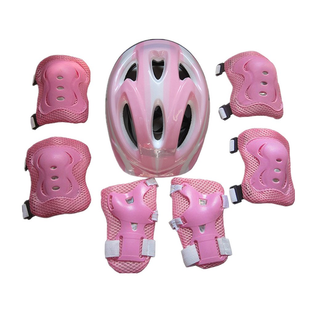 7PCS Kids Bike Helmet Set Girls Boys Protect Helmet Knee Elbow Wrist Pad Sets for Cycling Skate Bike (Pink, One Size)