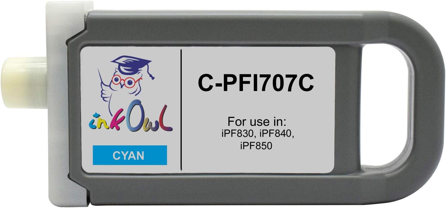 InkOwl Compatible Ink Cartridge Replacement for Canon PFI-707C (700ml, Cyan) for iPF830, iPF840, iPF850 Printers