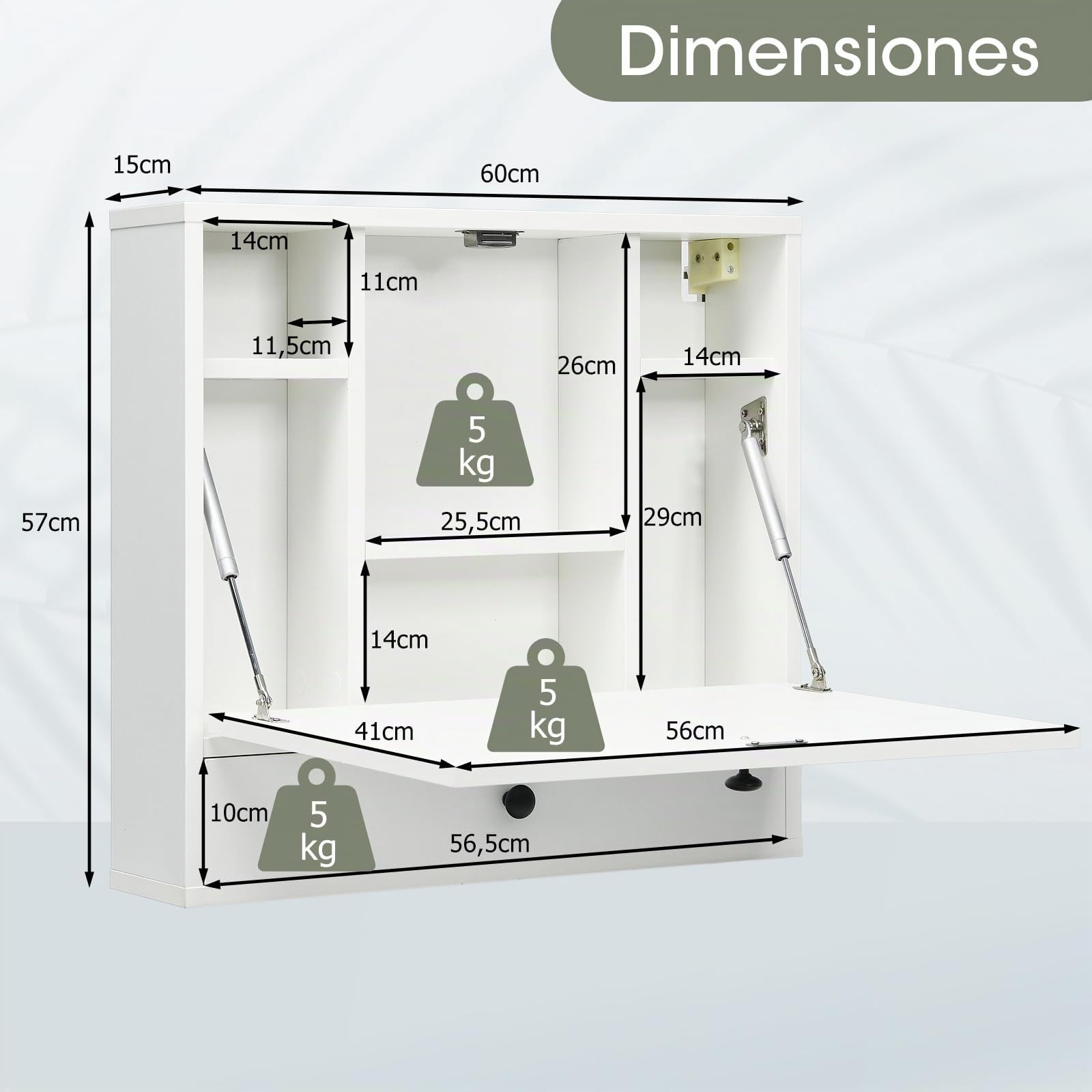 GYMAX Escritorio de Pared, Escritorio Flotante 2 en 1 con Estante Plegable, 6 Compartimentos de Almacenamiento y Cajón, Ahorro de Espacio para Casa, Oficina, Dormitorio (Blanco)