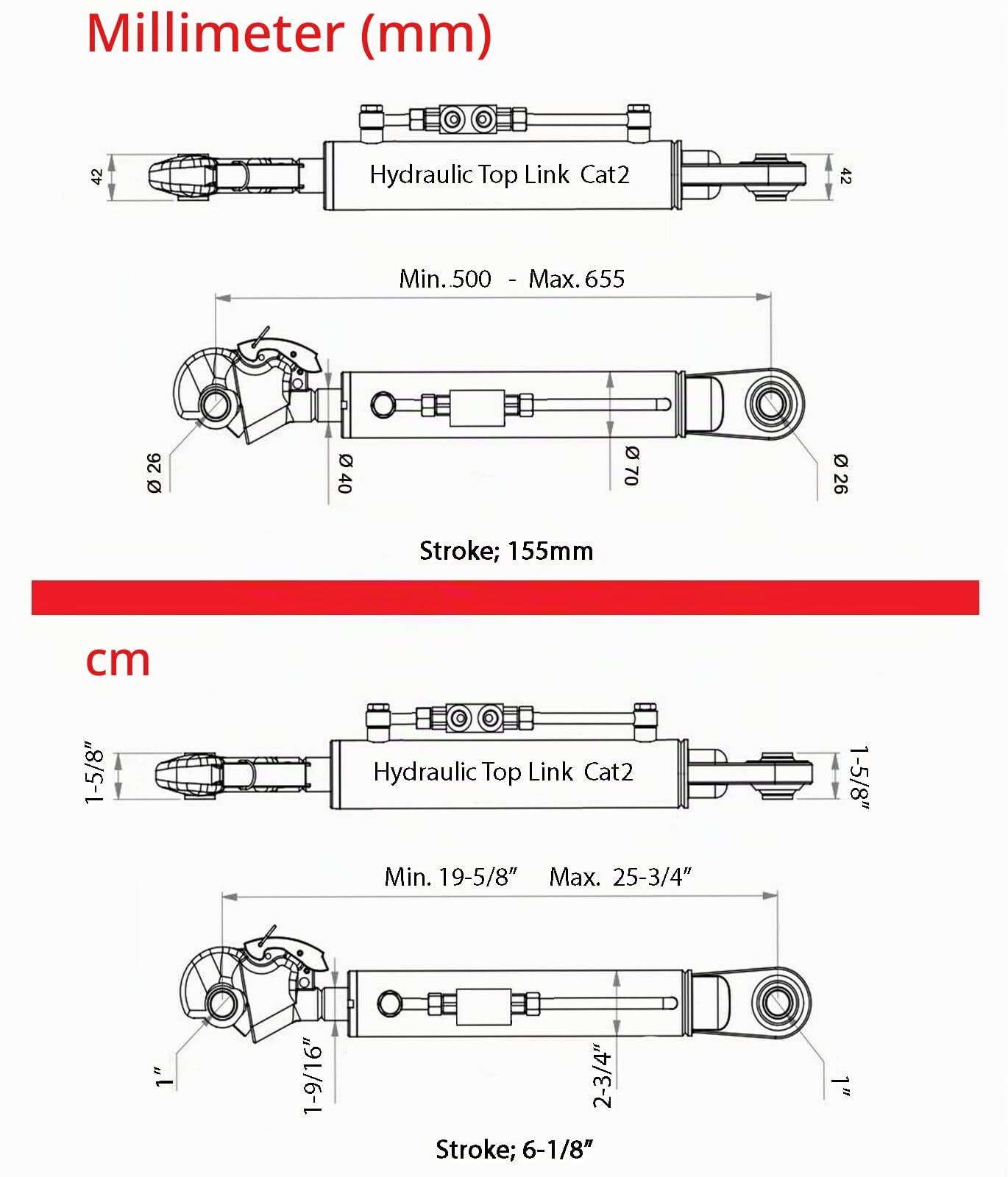 Hydraulischer Oberlenker Kat. 2-2 mit Fanghaken inkl. Sperrblock min. 500→ max. 676 mit 2 x Schläuchen, Hub. 176