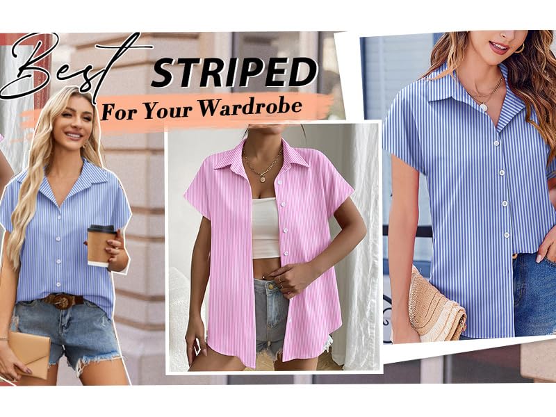 Image of HOTOUCH Button Down Shirts Cotton Pink Striped Dress Shirt Cap Sleeve Collared V Neck Office Work Pink Pinstripes Blouses Summer Soft Tops