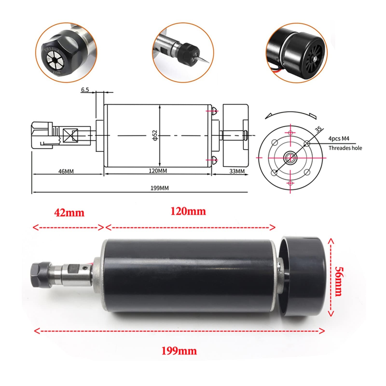 Zestaw silnika wrzeciona CNC, 0.5kw chłodzony powietrzem wrzeciono 500W silnik wrzeciona ER11 Chuck silnik wrzeciona cnc + zaciski 52mm + regulator prędkości zasilania do grawerowania do frezarki CNC