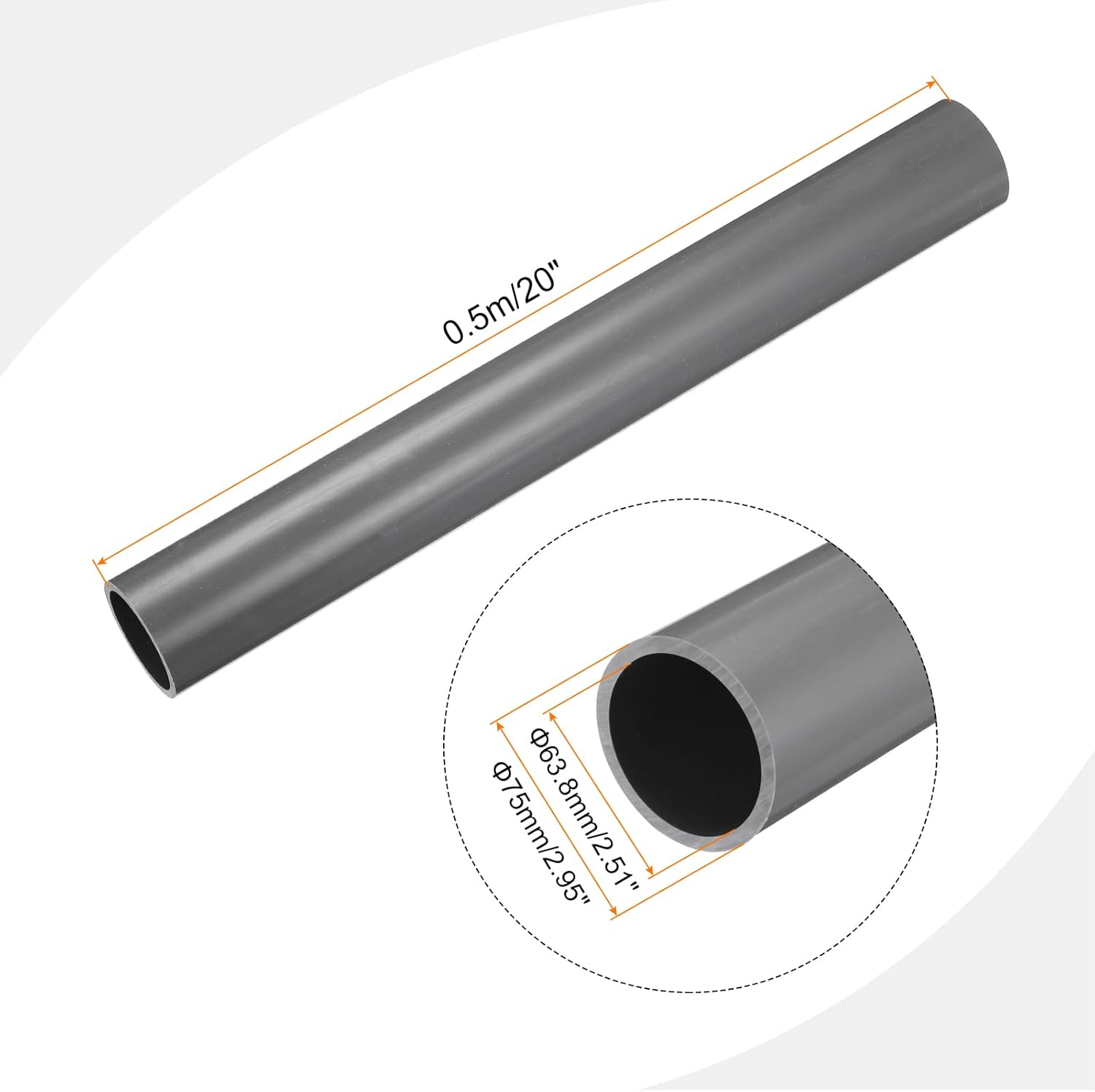 meccanixity 3 inch pvc rigid tube round pipe 63.8mm id 75mm od 500mm light grey high impact for water pipe, crafts, decoration, cable sleeve 63.8mm x 75mm light grey