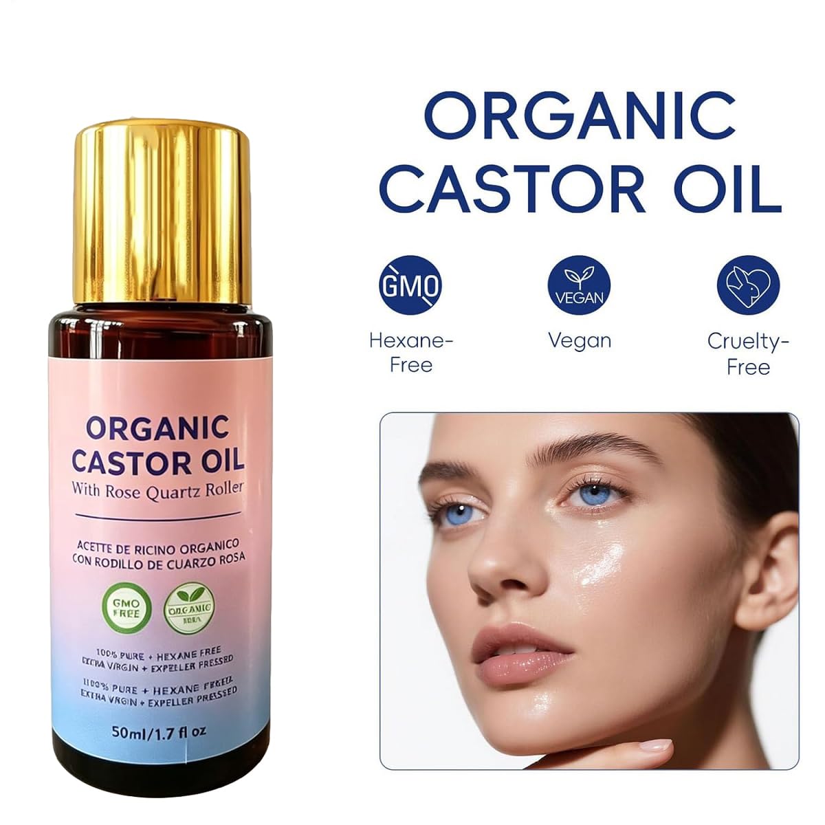 Organic Castor Oil Roll-On with Rose Quartz, 1.7 fl oz