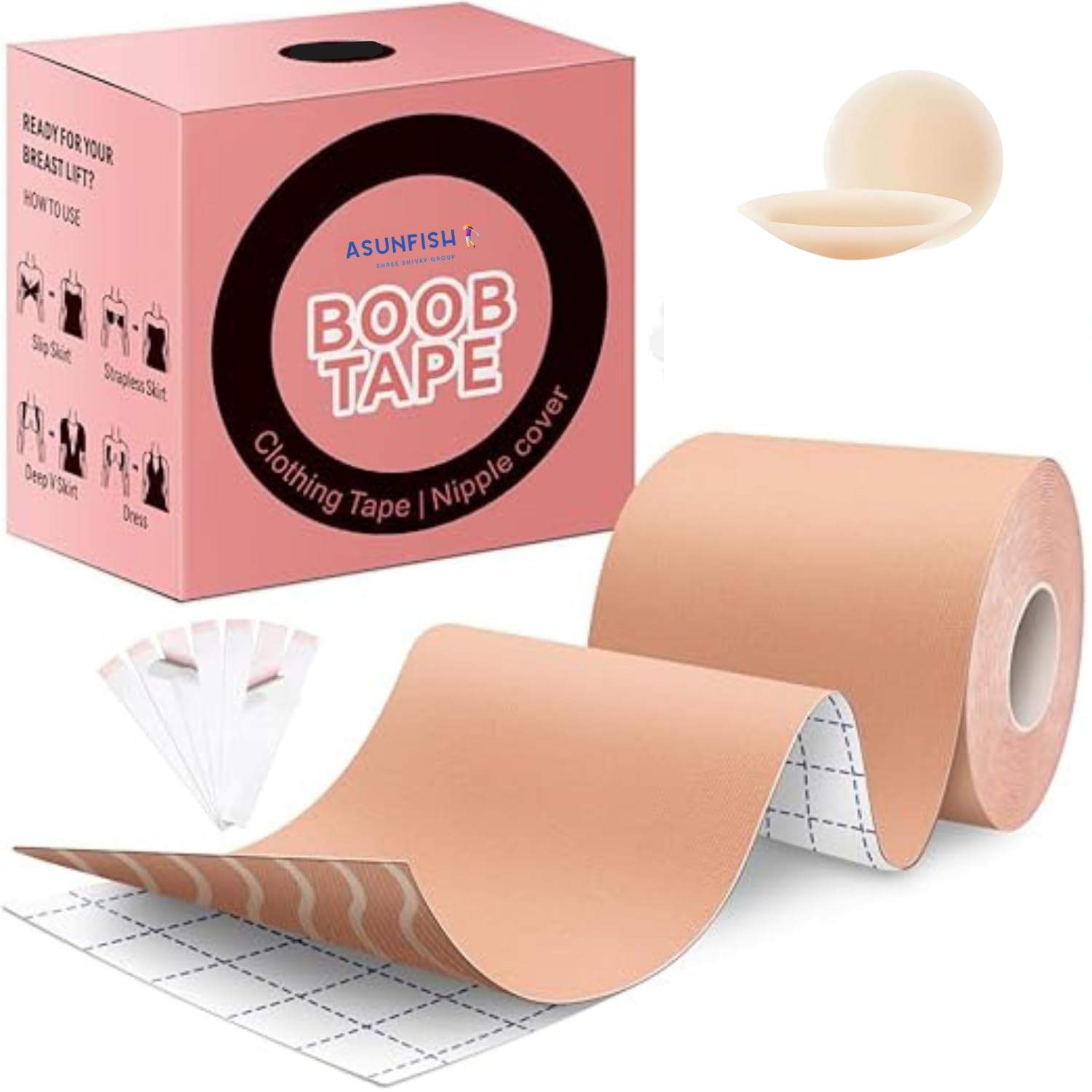 asunfish Big Size Boob Tape Kit [7.5 mm] - Instant Boob Tape with Fashion 36 Strips Double Sided Tape for Clothes &1 Pair Reusable Nipple Cover for Women Beige-picture-40