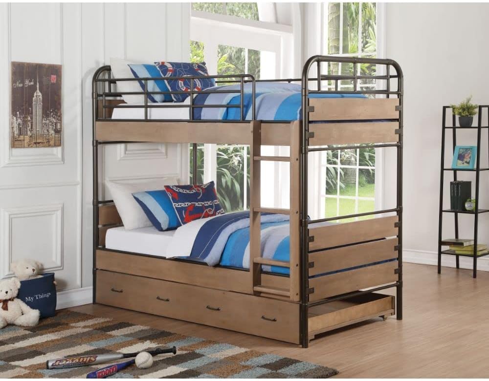 Acme Adams Twin Over Twin Bunk Bed with Trundle in Antique Oak