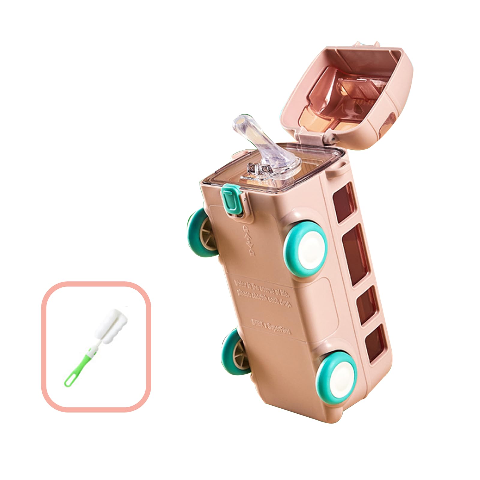 JSAXQYG Bus Shape Water Bottle,17Oz Portable Detachable Straw Water Cup, with Brush and Shoulder Strap Leak-Proof Kids Small Drinking Cup,For School And Outdoor Use (Pink)