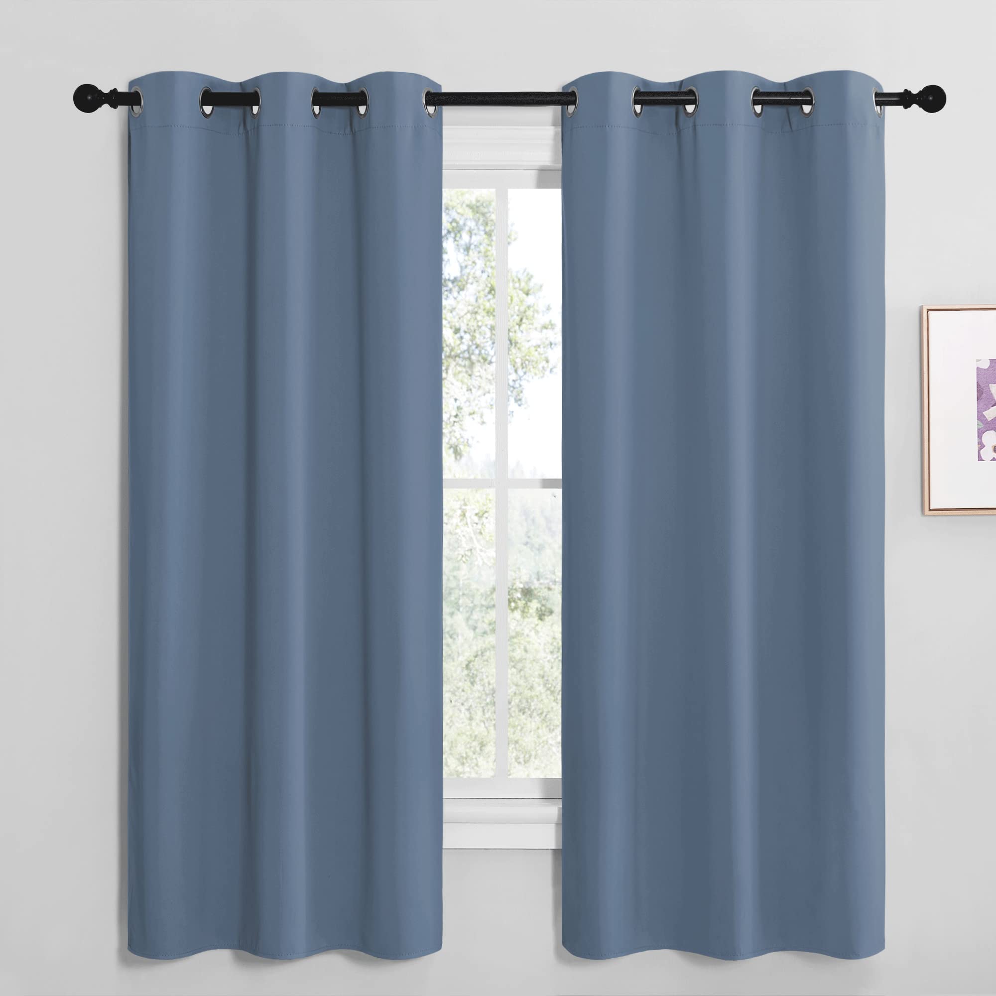 NICETOWN Short Curtains for Kitchen, Thermal Insulated Solid Grommet Blackout Window Treatment Curtain Panels for Loft, Cafe (Stone Blue, 1 Pair, 42 inches Wide by 68 inches Long)