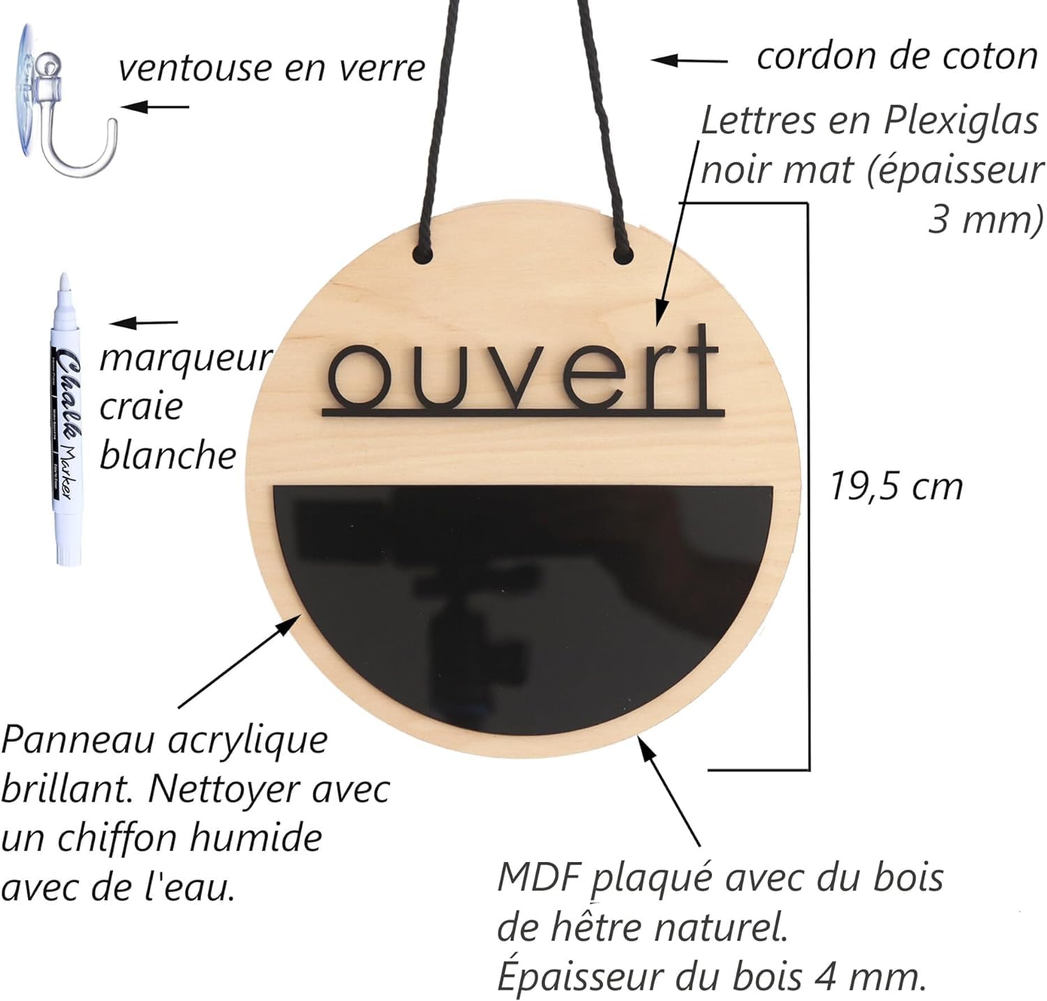 Panneau Fermé Ouvert avec Tableau Noir et Bois Naturel pour les Magasins, Entreprises, Panneau heures d'ouverture