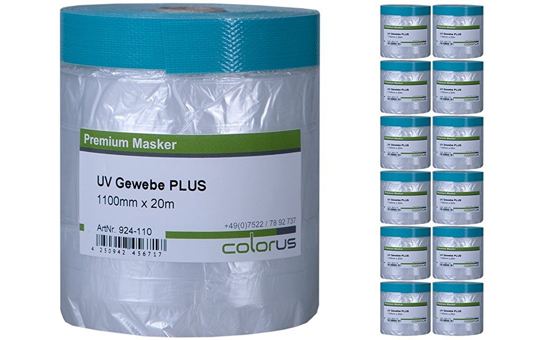 Colorus Masker Tape UV 12er Set Gewebe 20 m mit 110 cm Abdeckfolie | Folien Abklebeband mit UV-Gewebeband: 12 Rollen mit je 20 m Bandlänge und 110 cm Folienbreite für Fenster und Türen
