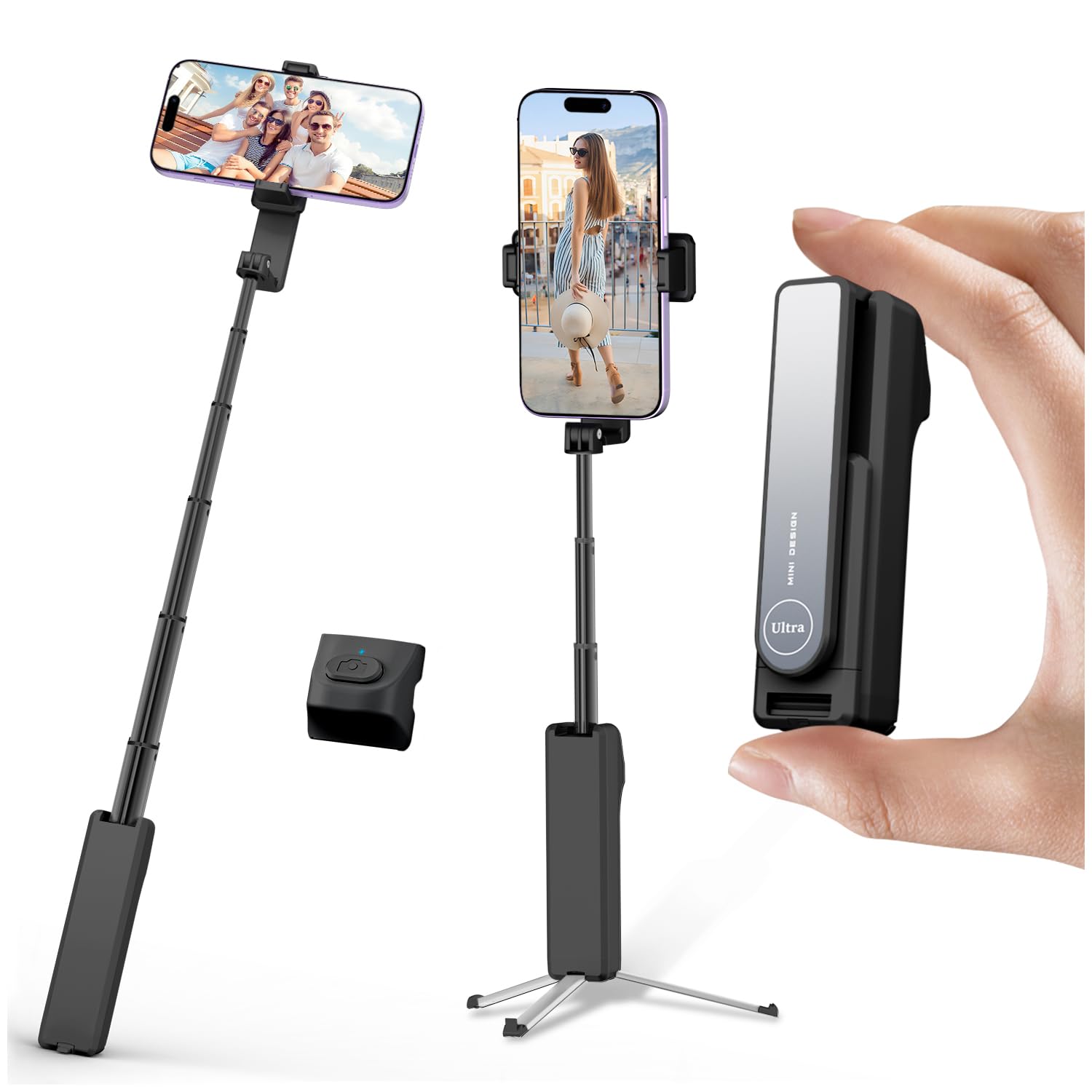 yAyusi Extendable Mini Selfie Stick Tripod with Remote, Pocket Size Portable Tripod for iPhone, Small Compact Phone Selfie Stick Tripods Mount for Travel/Vlog/Video Recording/Live Streaming (Black)