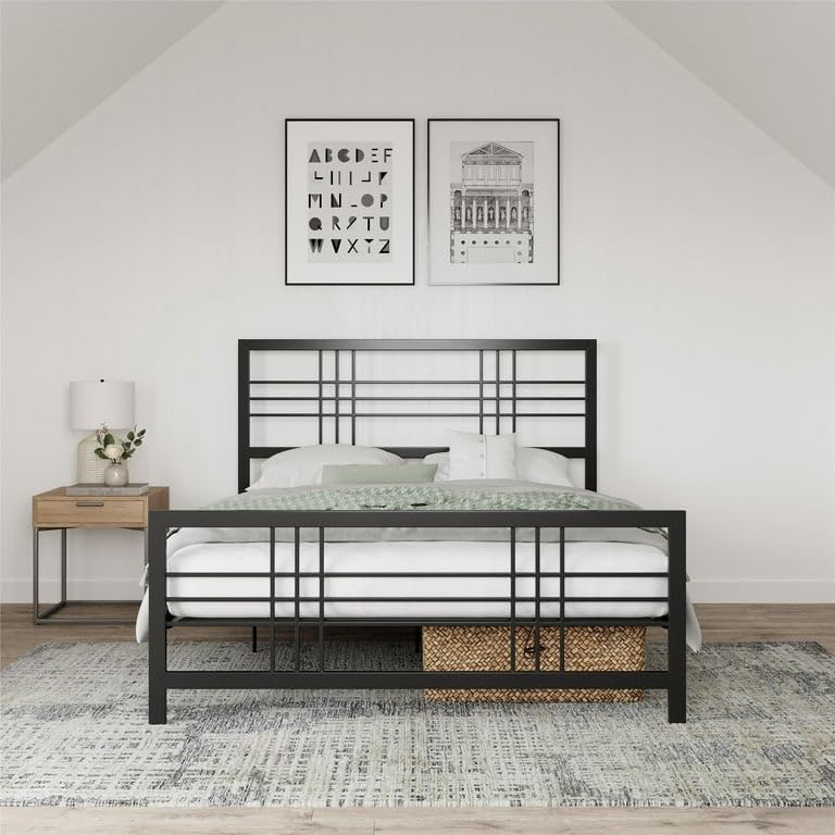 Image of Modern Industrial Metal Platform Bed, Black Metal Grid Bed.