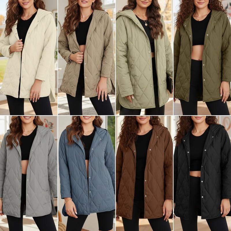 Women's Winter Quilted Jackets Casual Long Sleeve Diamond Puffer Hooded Jacket Button Outerwear Coats with Pockets - Image 3
