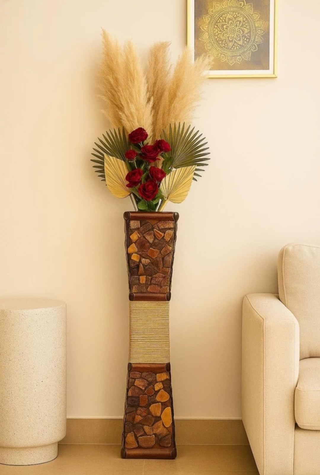 Wooden Flower Vase with Beautiful Coconut Shell Chips and Golden Rope-image-44