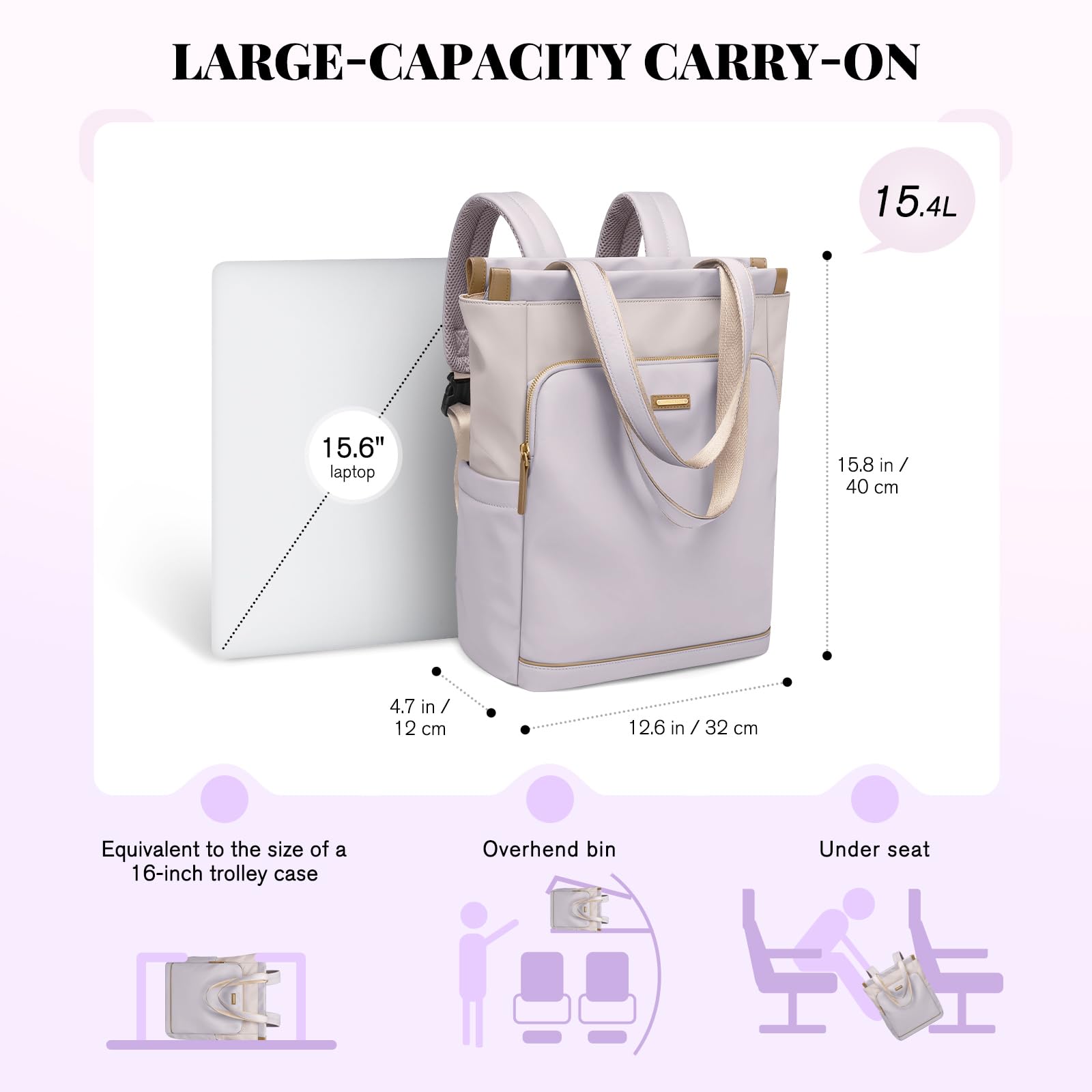 GOLF SUPAGS Mochila Convertible para Portátil de Mujer Bolsa de Viaje Informal para Portátil de Trabajo Universidad Ocio Viaje(Taro Morado & Blanco)