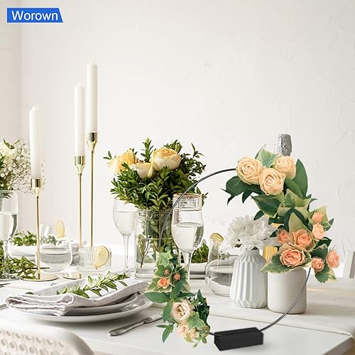 Vista 13 de Worown Paquete de 6 centros de mesa de aro floral de metal de 10 pulgadas con 6 soportes de madera para mesa, anillos de metal plateado para hacer