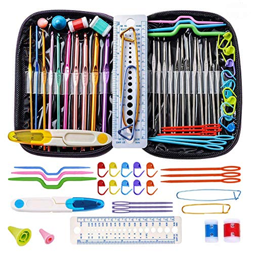 Crochet Hooks, DIY Craft Yarn Mixed Aluminum Handle Knitting Needles Sewing Weave Set Full Kit Tools with Gauge Rule Scissors Stitch Holders (Purple)