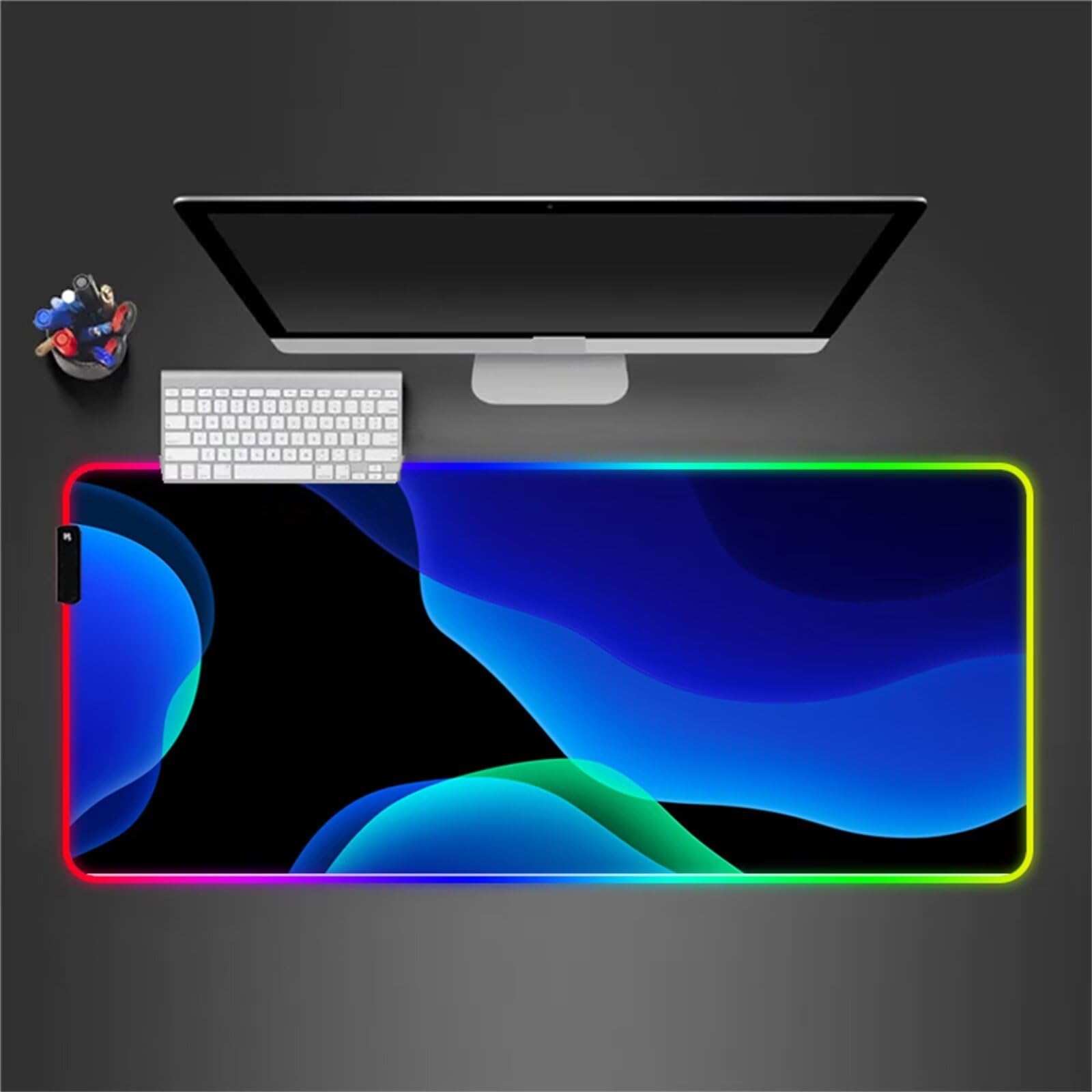 RGB Tapis de Souris Gaming Grand Tapis de Souris XXL 900x400x4mm 14 Modes d'éclairage LED Lumineuse Tapis de Souris Mouse Pad Rétroéclairage pour Gamer Clavier PC, Bleu Noir