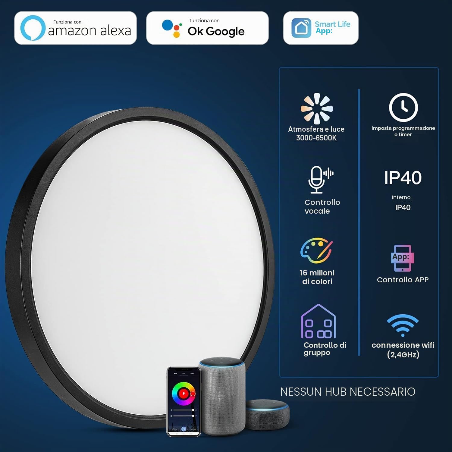 ANTENLICHT Lampada da soffitto LED Smart 24 W, compatibile con Alexa e Google Assistant Ø30 cm, controllabile tramite app con 16 milioni di colori fai da te,plafoniera WiFi con telecomando per camera