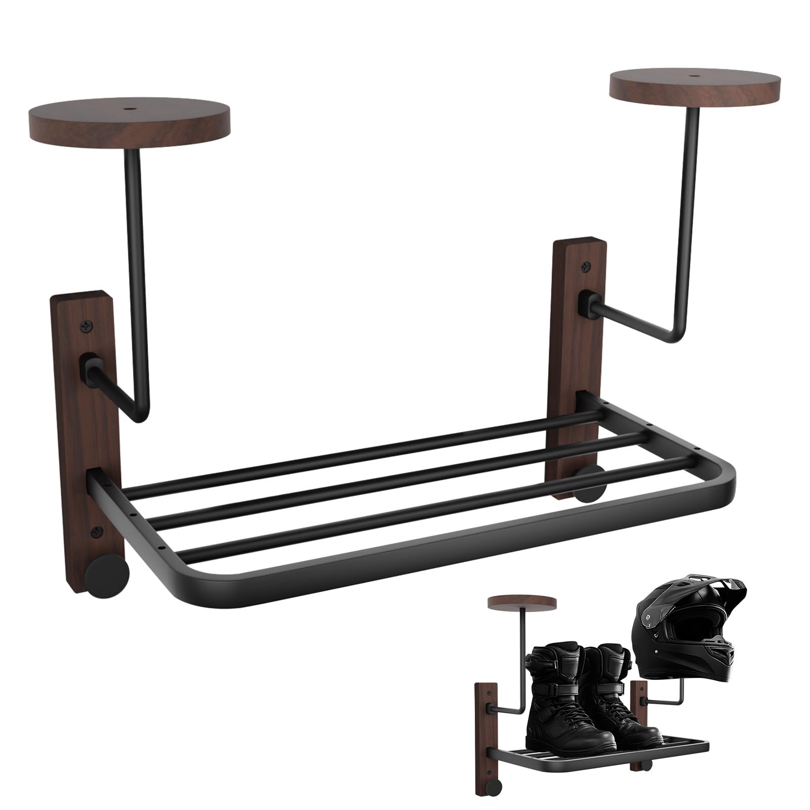 Support Casque Moto, Porte Casque Mural Avec Crochets et étagère pour Casquette et la Veste au Mur, Accessoires de Rangement en Bois Naturel et Acier pour Équipement Moto