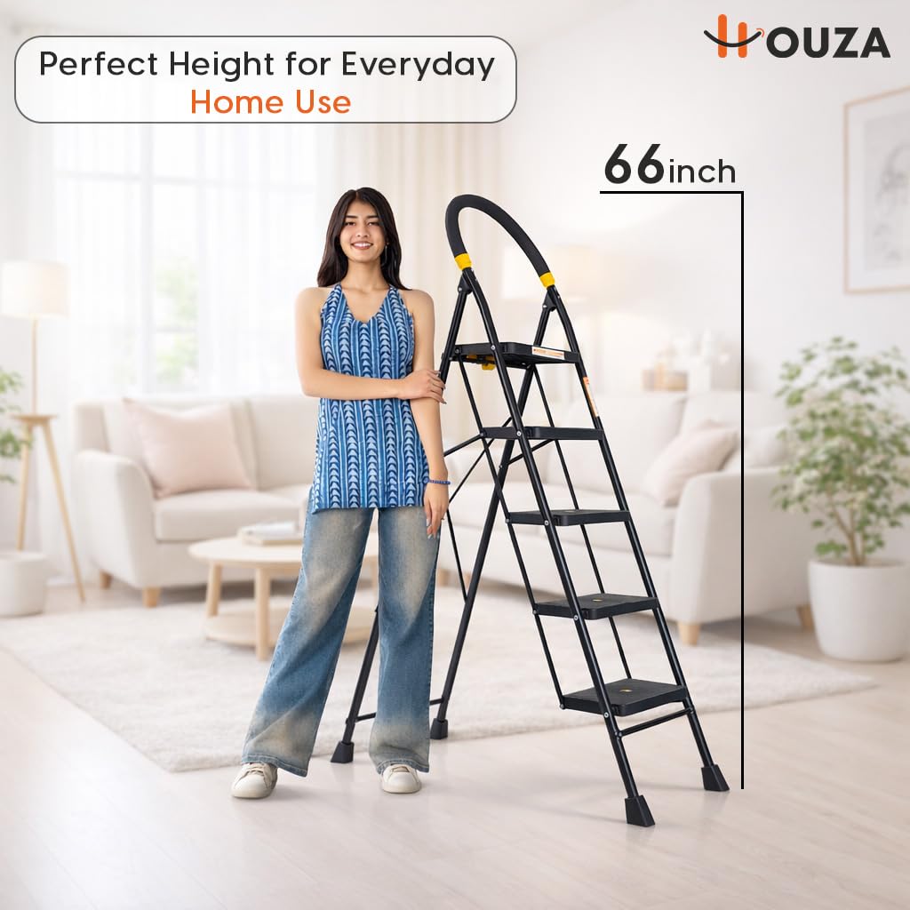 HOUZA Steel Ladder for Home 5 Steps Foldable with Anti-Skid Wide Steps (30cm x 20cm) | 5 Step Ladder for Home Use with Secure Lock | 150 Kg Load Capacity Folding Ladder | 5 Year Warranty (Black) — Amazon image 2