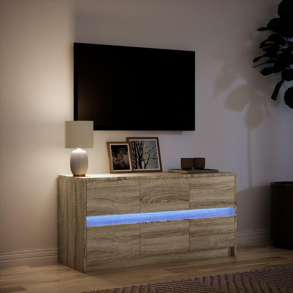Szafka pod TV z LED dąb sonoma 100x34x50 cm mebel RTV z podświetleniem RGB duża przestrzeń do przechowywania stabilny blat max obciążenie 65 kg do salonu i sypialni