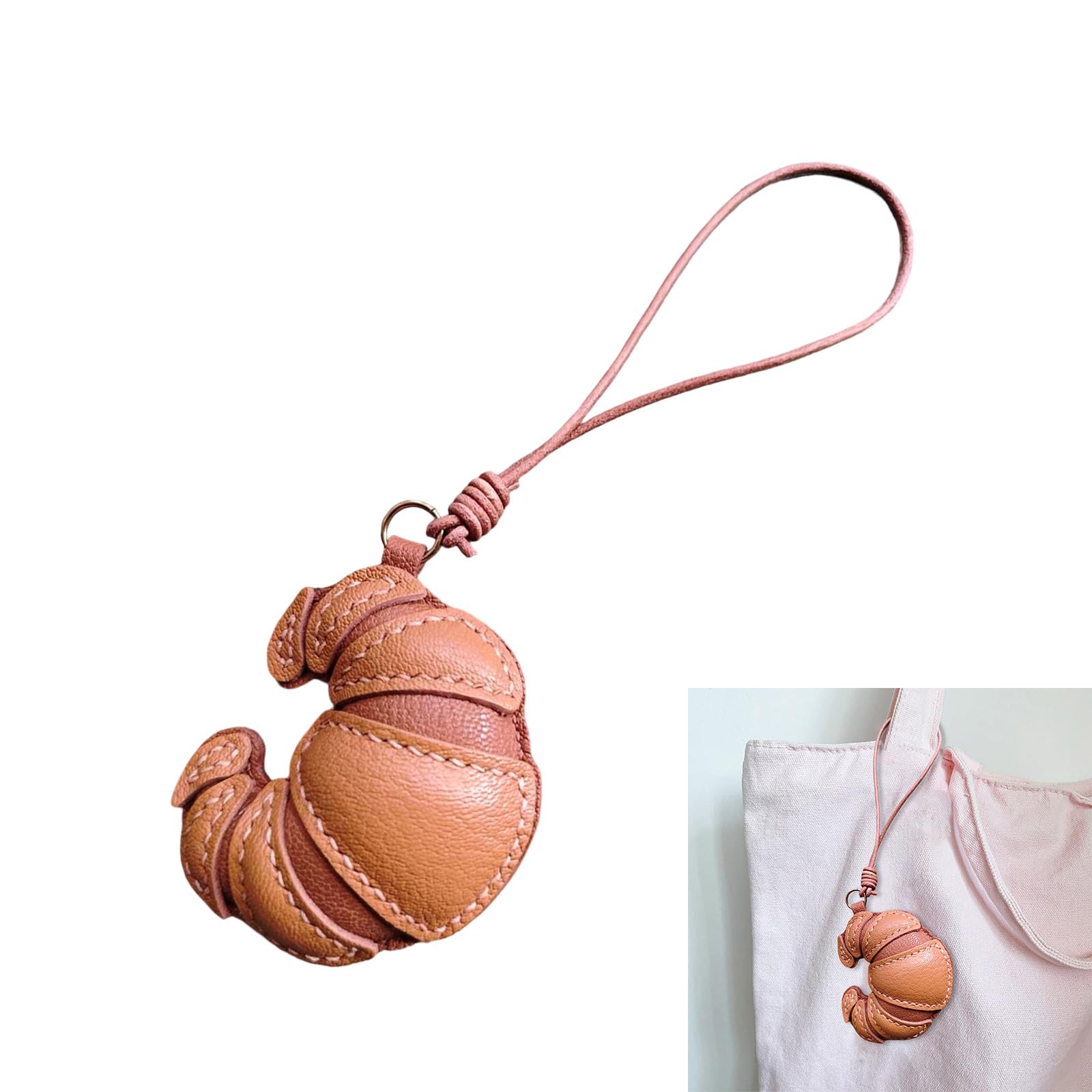 Elegante llavero de cuero con forma de cruasanes de moda para mujeres y niñas, decoración de bolsa para uso diario, elegante decoración de bolsa
