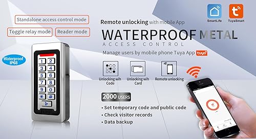 Miniatura 6 de Teclado de control de acceso para puerta, acero inoxidable IP68 impermeable, 2000 usuarios, entrada y salida Wiegand de 26 bits, control remoto de