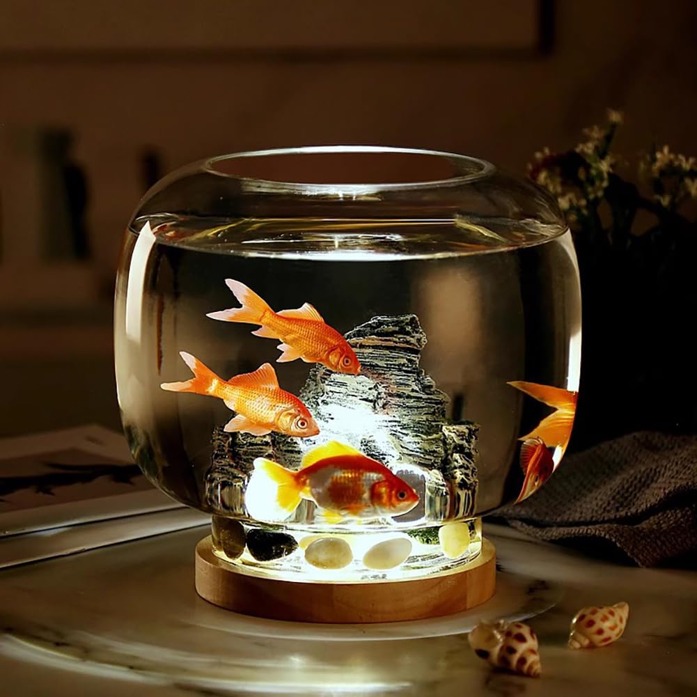 Acquario per Pesci Betta con Luce A LED, Base in Legno, Acquario con Decorazioni Interne, Vista A 360° per Piccoli Pesci, Boccia per Pesci Rotonda in Vetro,A