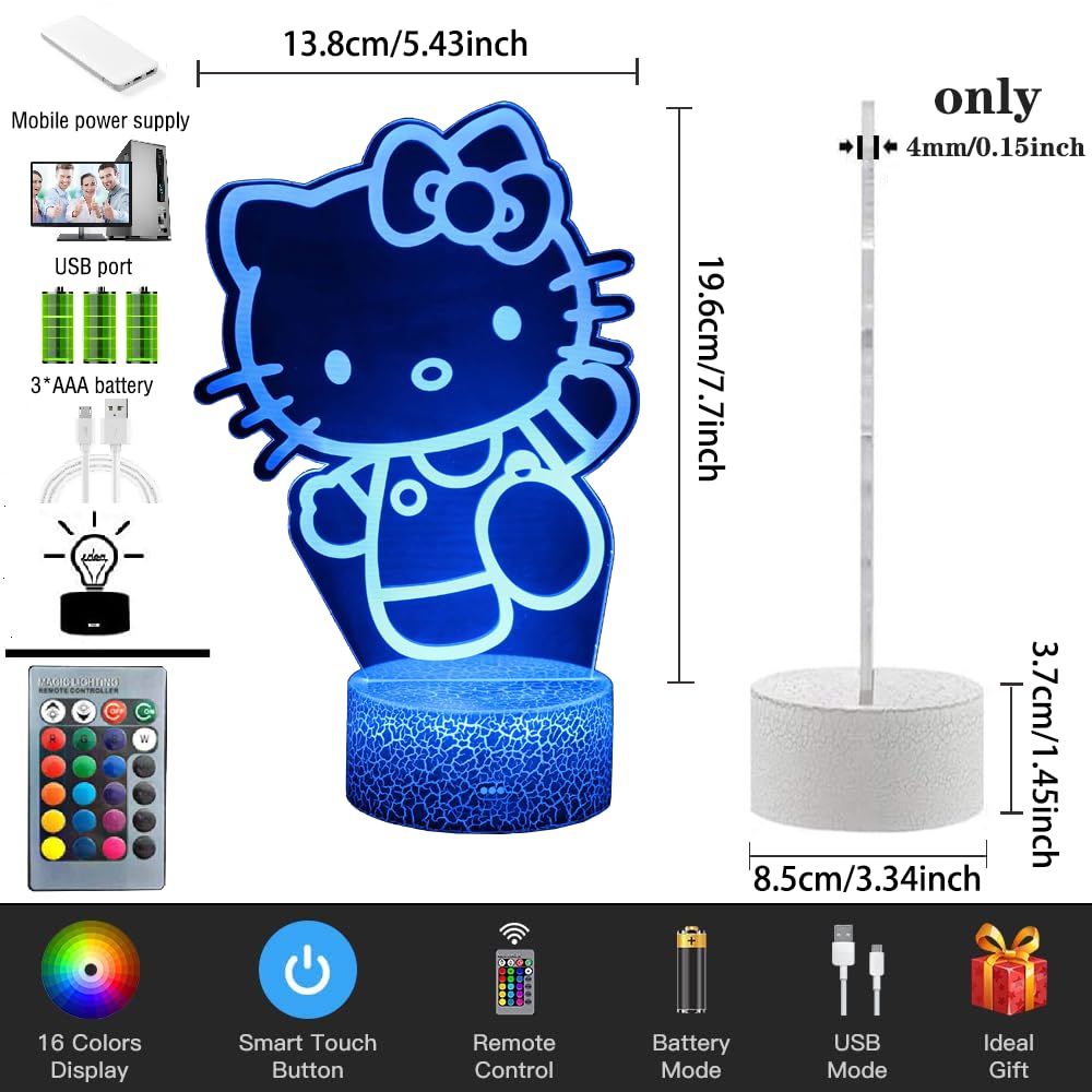 Lámpara Nocturna 3D De Kitty Con 16 Colores - USB Recargable, Control Táctil Y Mando A Distancia, Decoración Infantil