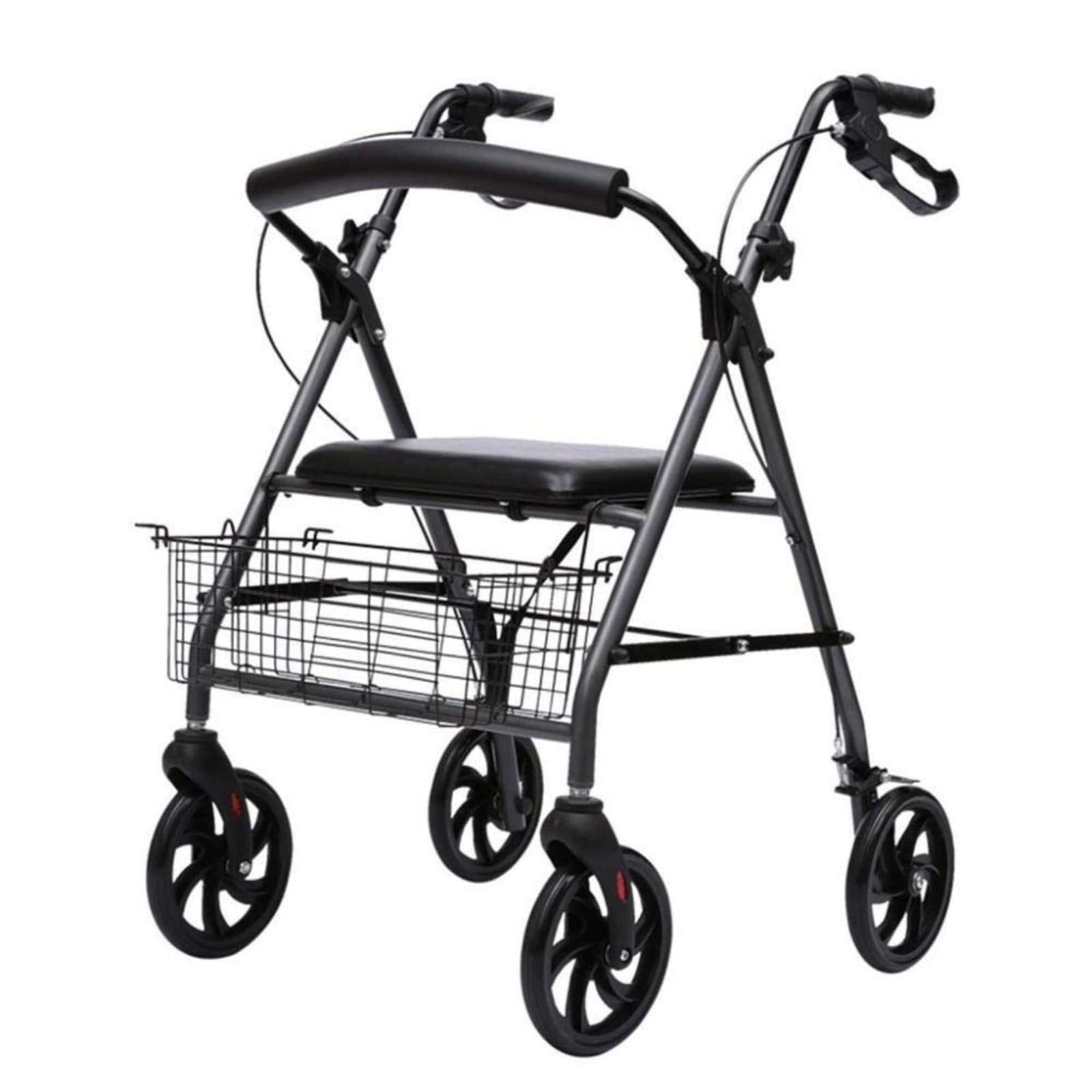 Andador con ruedas, estructura plegable, ligero, de aluminio, con tracción en las 4 ruedas, asiento y cesta con freno.
