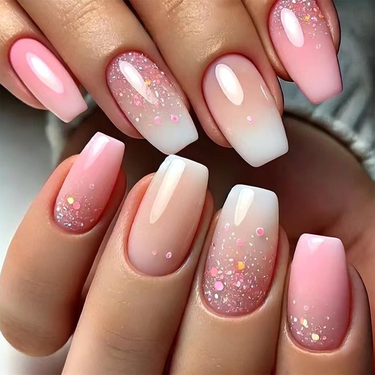 Medium Coffin Press on Nails Pink Gradient Fake Nails with Designs Acrylic Glossy Artificial Nails Glitter Stick on Nails Reusable False Nails Full