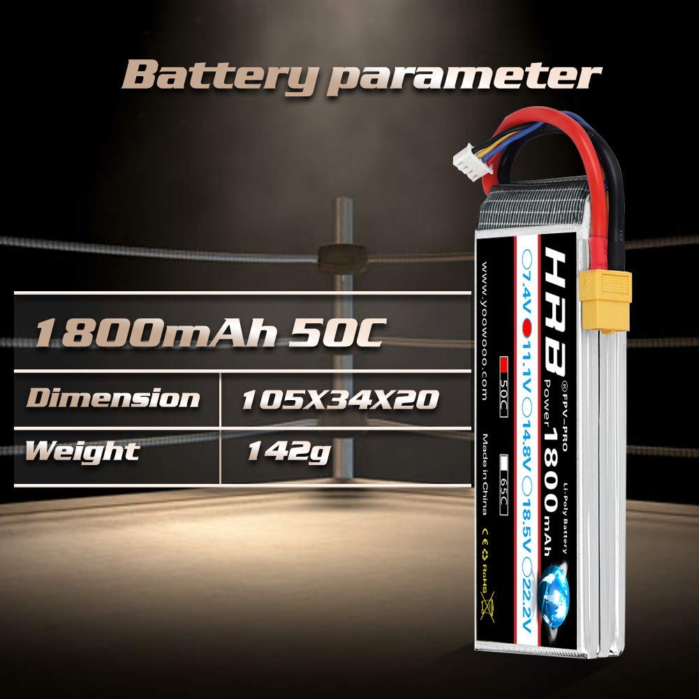 HRB 2 Paquetes 11.1V 1800mAh 3S 50C Batería LiPo con XT60 Plug para Skylark M4-FPV250 Mini Shredder 200 INDY250 Plus Mojo 280 QAV250 Vortex Emax Nighthawk 250 RC Heli Plane UAV Drone FPV
