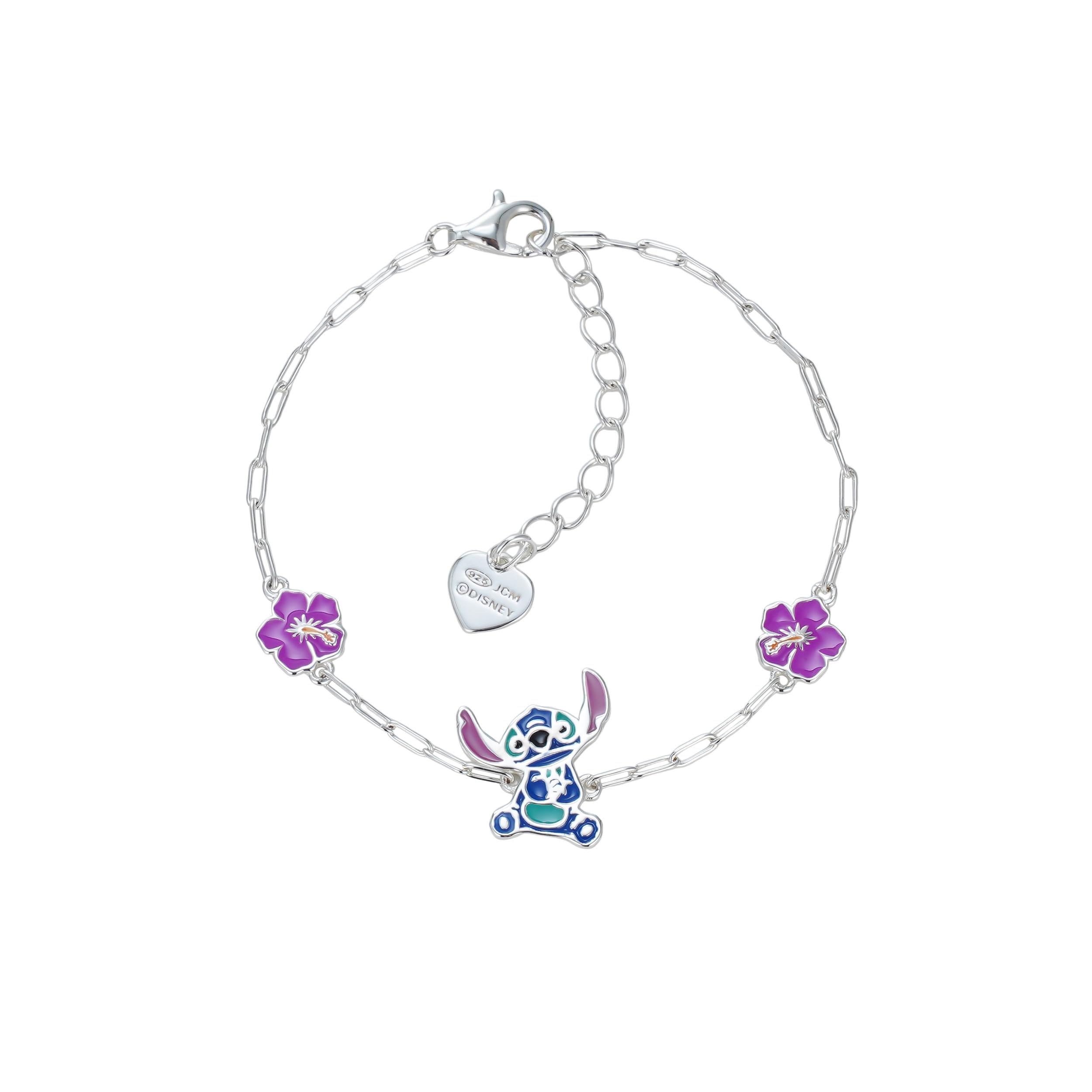 Disney Pulsera Stitch y Flores de Hibisco en Plata 925, Precioso Esmalte de Colores, Longitud 13-17 cm, Apta para Mujeres y Niñas, Lista para Regalar, Joyas Oficiales