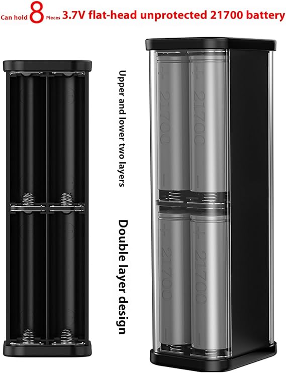 8-Cell 21700 Battery Storage Box with Type-C Quick Transparent Case & Overload Battery Container