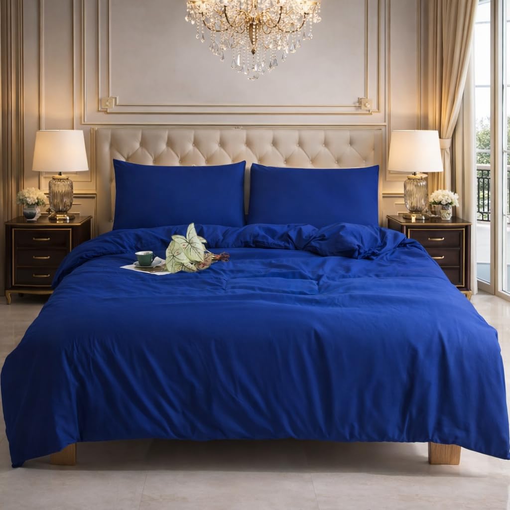 Charkhah Royal Blue Double Size Duvet Cover Set | Soft Microfibre Bedding Set With 2 Pillowcases | Reversible Quilt Cover With Zip Closure | Easy Care, Breathable | Uk Size 200 X 200 Cm