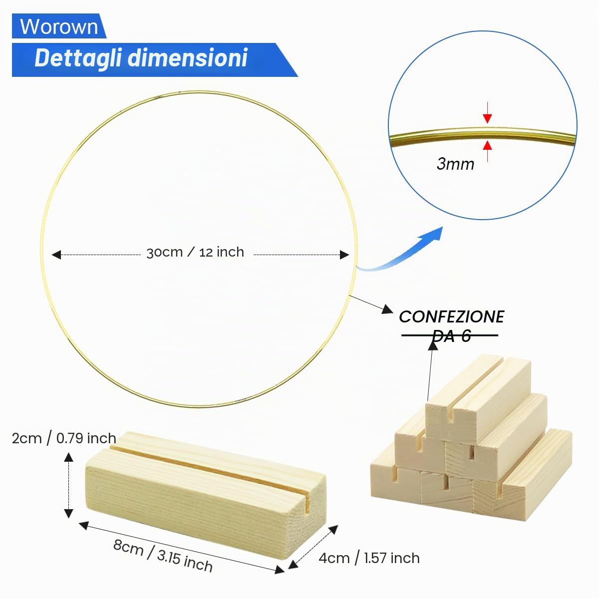 Worown 6 Pezzi Centrotavola a Cerchio Floreale in Metallo con 6 Base in Legno per Tavolo, 30 cm Anelli Ghirlanda d'Oro per Realizzare Decorazioni per Ghirlande da Tavolo di Nozze