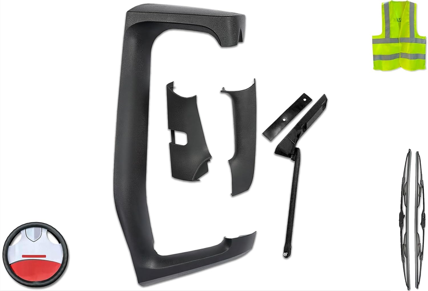 KOZAK Mirror Arm Cover with Support Bracket, Left Driver Side, Compatible with Volvo VNL 2004+, Includes Logo, Steering Wheel Cover, 2x 22" Windshield Wipers, and Reflective Vest