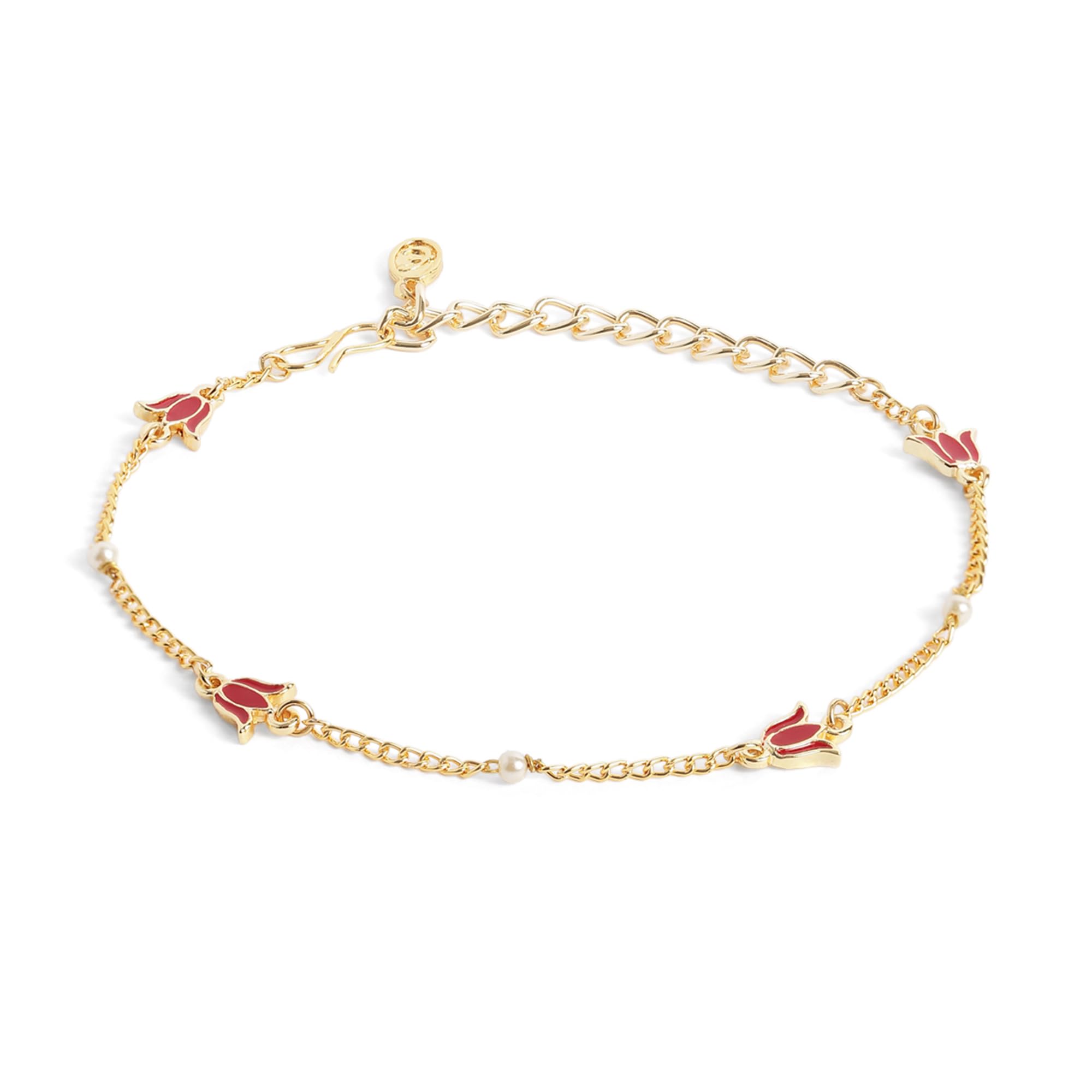 Gold Finish Red Lotus Chain Anklet | Modern Ethnic Fashion Wear-image-17