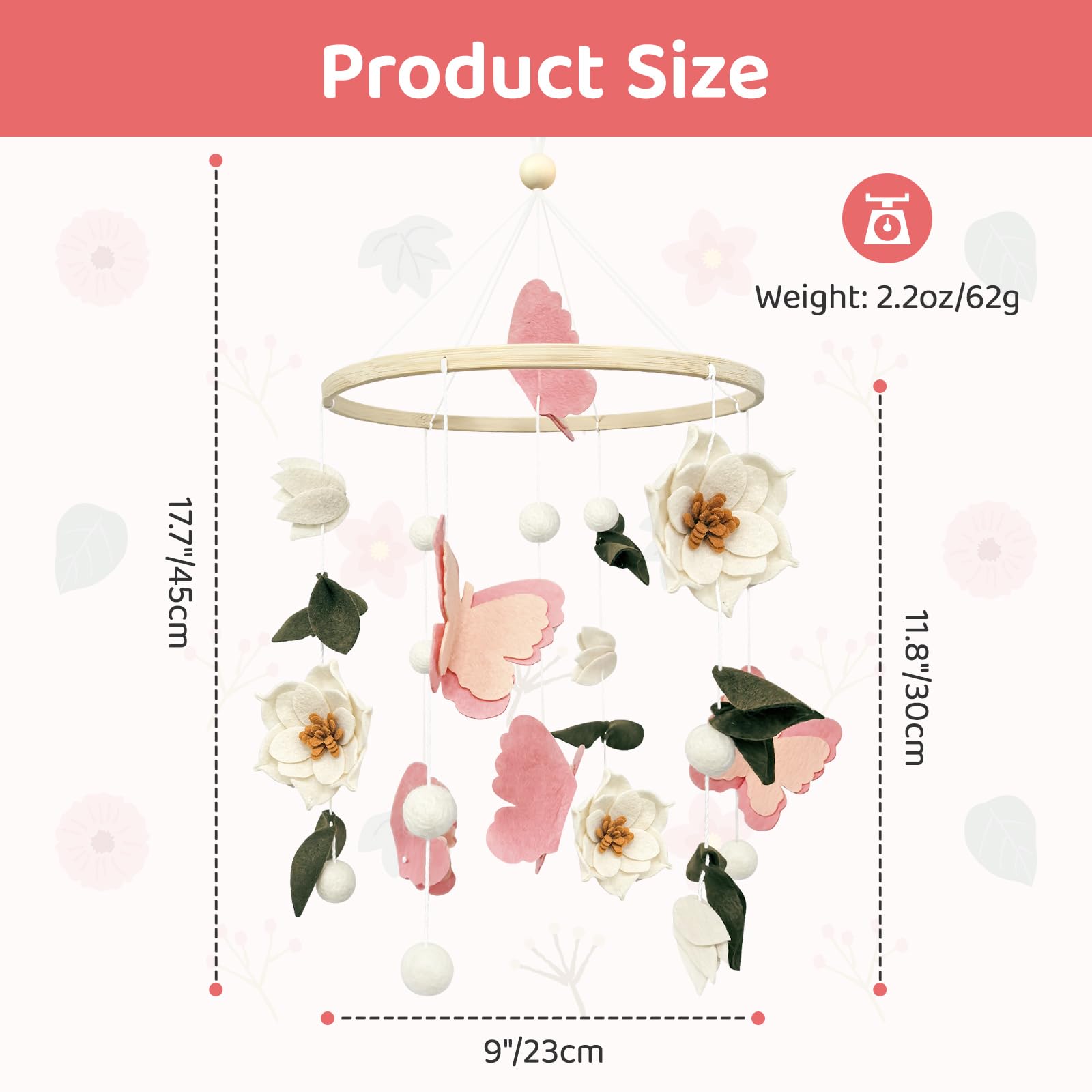 Móvil de bebé para cuna, flores y mariposas, móvil de cuna para niñas y niños, hecho a mano, decoración floral para habitación de bebé, decoración bohemia para habitación de bebé, regalo
