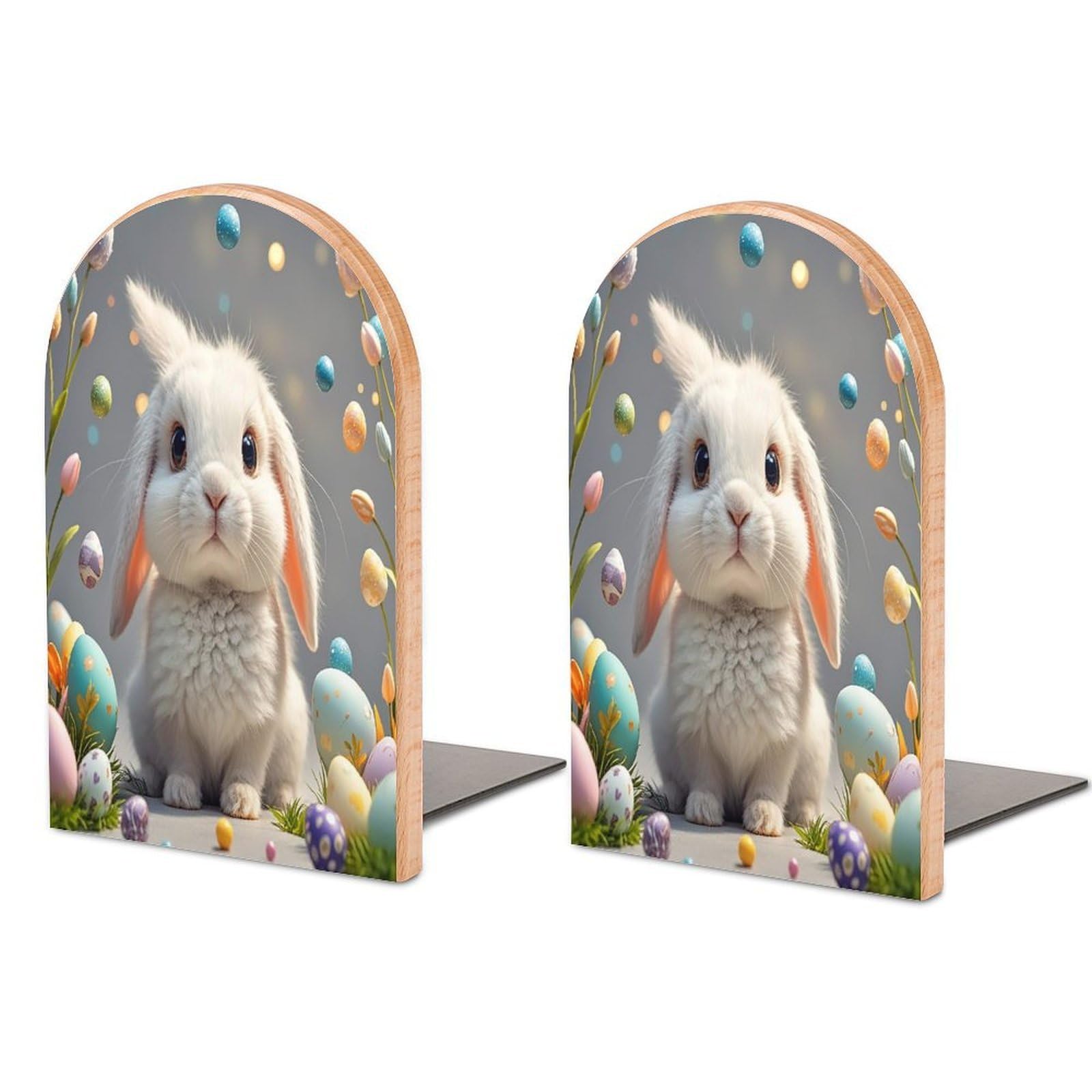 Cute Easter Bunny Bookend for Shelves Wooden Book End Sturdy Book Holders Stoppers with Metal Base for Bookshelves Slick Decorative Bookends Stands