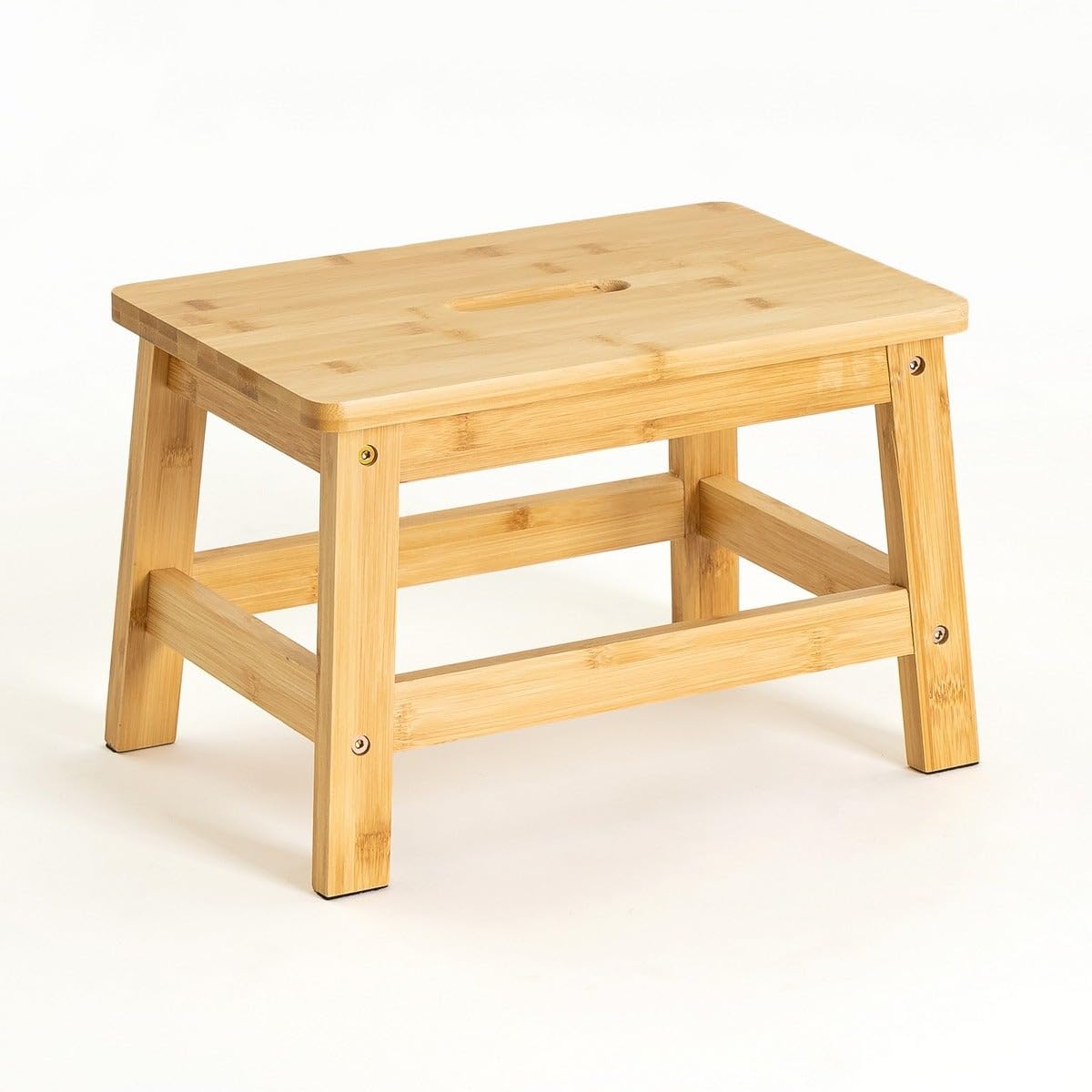 Taburete Escalón de Madera de Bambú Natural con Asa Integrada y Protección Anti-Rayaduras en Las Patas de 38x26x25 cm y Resistencia de 150 kg para Cocina y Baño.