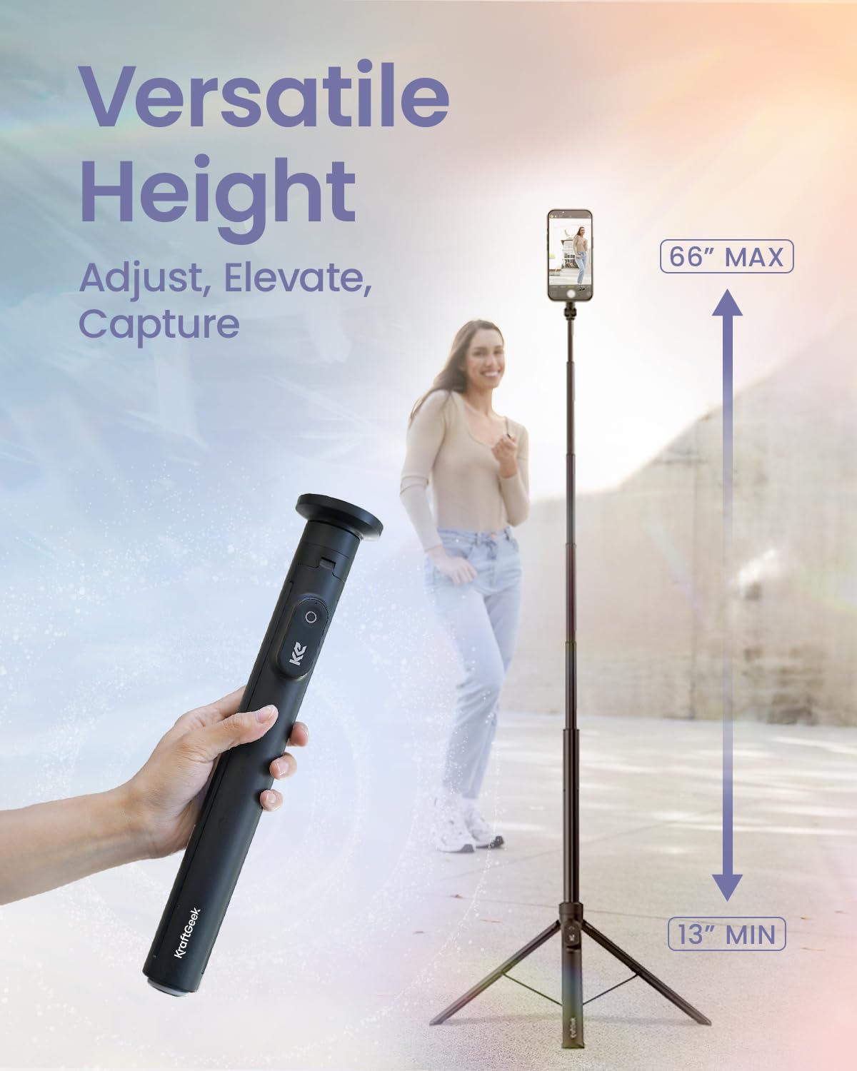KraftGeek Treppiede magnetico per iPhone MagSafe - 66 '' Selfie Stick automatico con telecomando, treppiede portatile per registrazione video, viaggi, vlogging (nero)