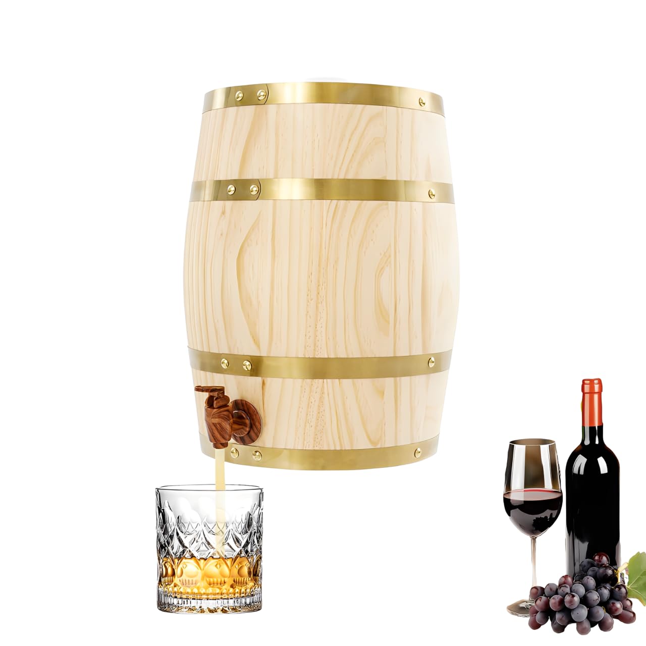 Fût en bois de 10 litres, tonneau à vin avec robinet, récipient à vin, capacité de charge 30 kg pour le stockage de whisky, tequila, vin, bière, etc. - LxH 26 x 33 cm
